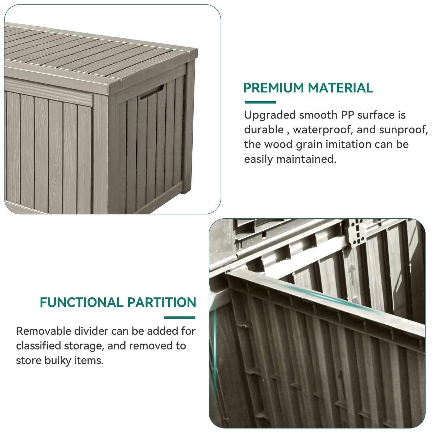YITAHOME 150 Gallon Large Deck Box w/Divider, XL Waterproof Outdoor Storage for Patio Furniture,Outdoor Cushions, Garden Tools, Sports Equipment and Pool Supplies, Resin, Lockable, Taupe