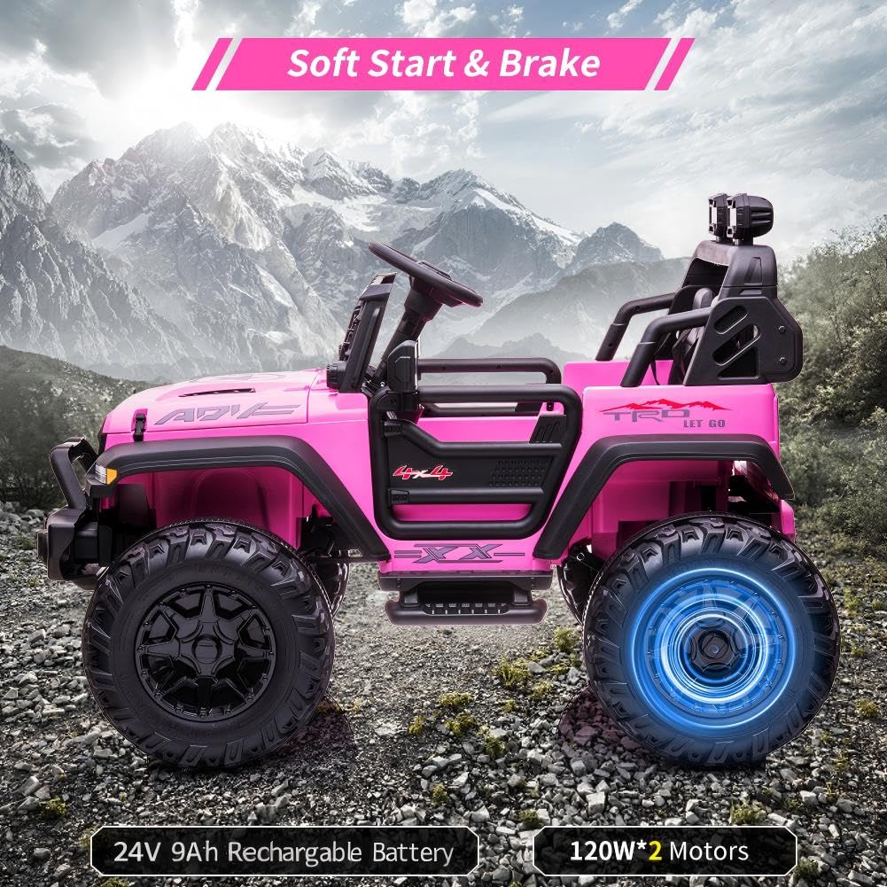 24V Kids Ride on 2 Seaters Electric Car with Remote Control, 2*120W Motors Battery Powered 20" Extra Large Seats+15.5" XL Wheels,LED Headlights, Front Storage, Bottle Holder, FM, Music for 3+ (Pink)