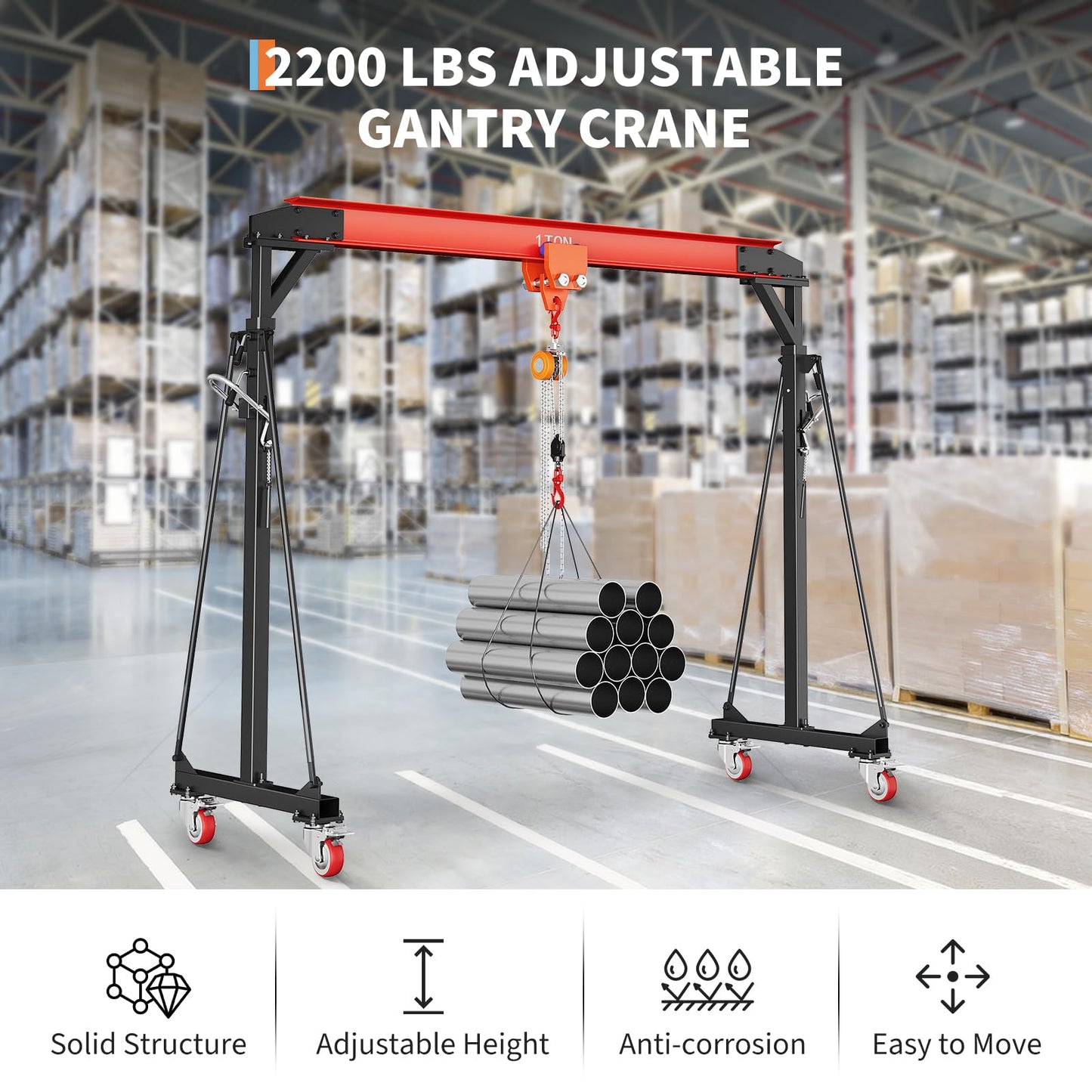 2200 LBS Gantry Crane with 8-12 FT Adjustable Height, 1 Ton Gantry Crane, Shop Crane Lift Hoist for Warehouse, Factory(with Manual Trolley & Hoist, Lifter, Sling, Hooks, Shackles, Links)