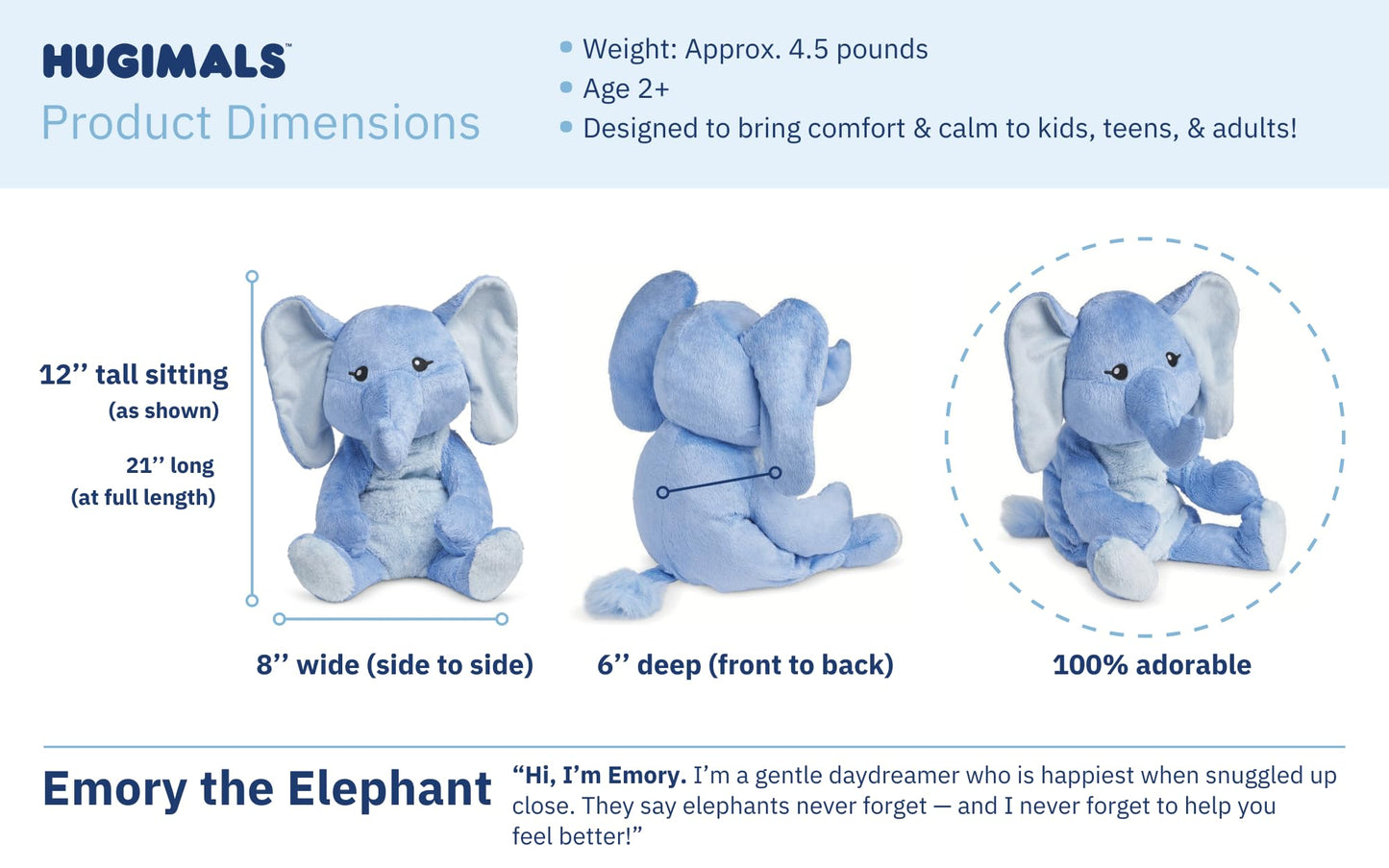 HUGIMALS Emory the Elephant 20 Inch 4.5 lb Heavy Cute Sensory Weighted Comfort Plush | Large Unscented Washable Self Care Calming Stuffed Animal for Kids, Teens and Adults