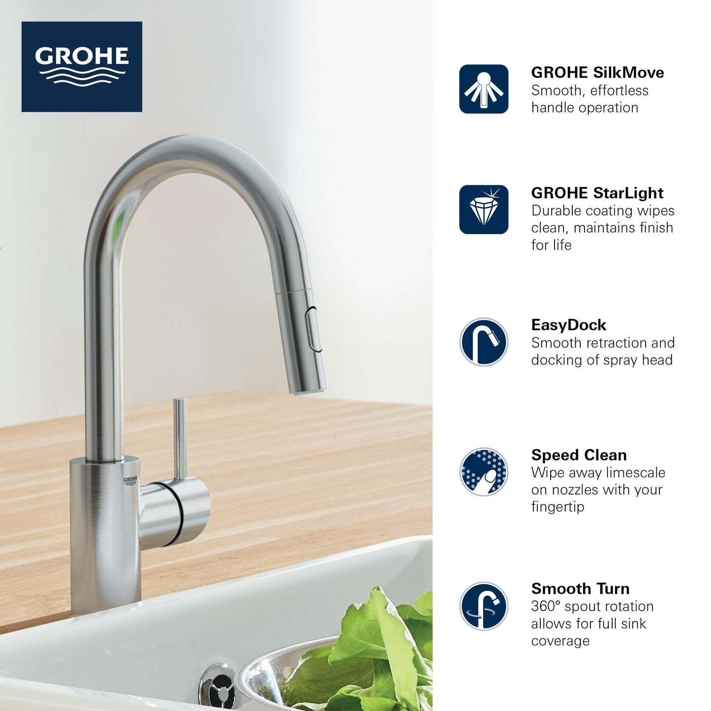 GROHE 32665003 Concetto Pull-Down Kitchen Faucet with Sprayer, 1.75 GPM, Chrome
