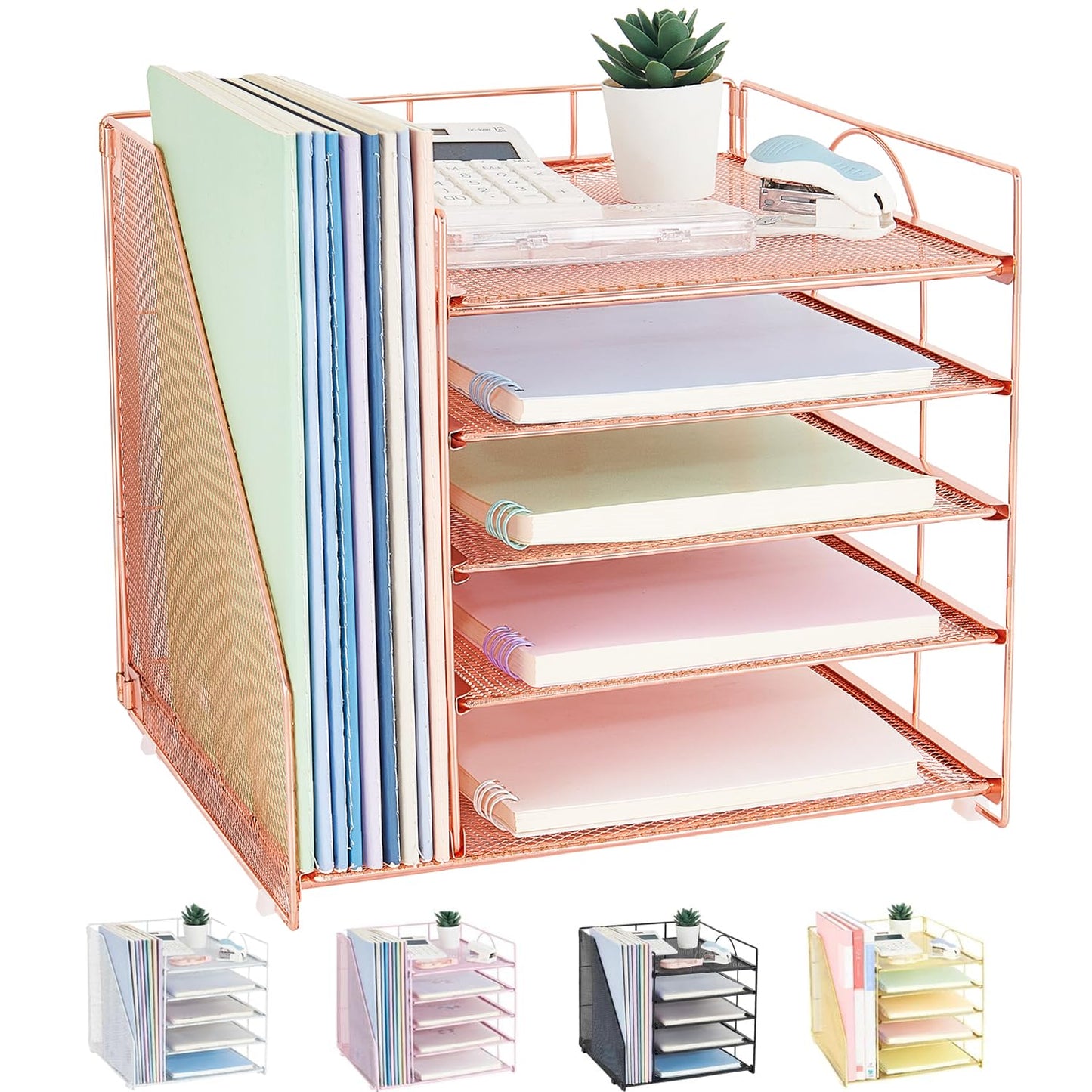 Desk Organizers and Accessories, 5-Tier Paper Letter Tray Organizer with File Holder, Desktop Organizer for Office Supplies (Black)