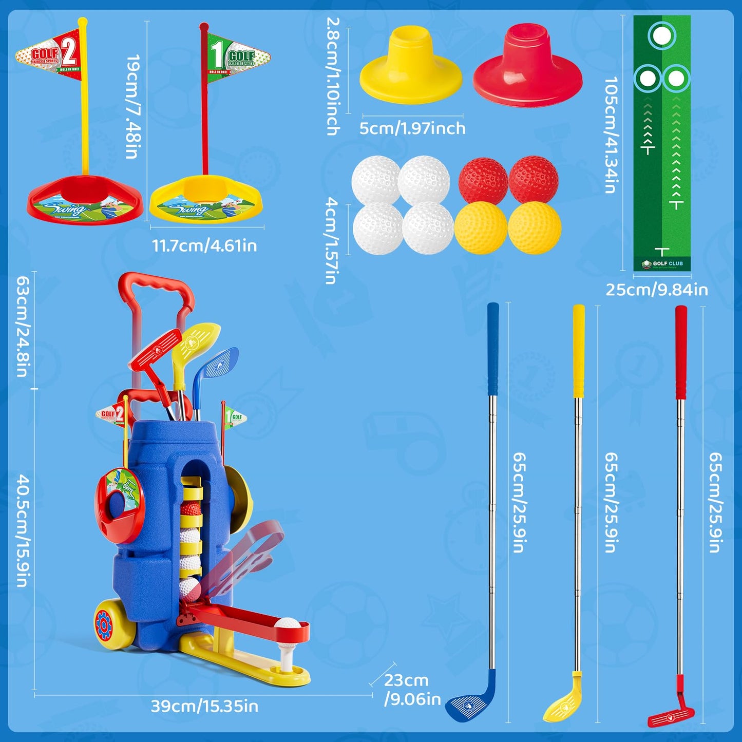 Kids Golf Clubs Set, Toddler Golf Toys With 8 Balls 3 Golf Clubs 1 Cornhole Board Putting Mat, Indoor Outdoor Sports Game, Upgraded Golf Cart And Shoulder Strap, Mini Golf Kit Gift For Boys Girls 3+