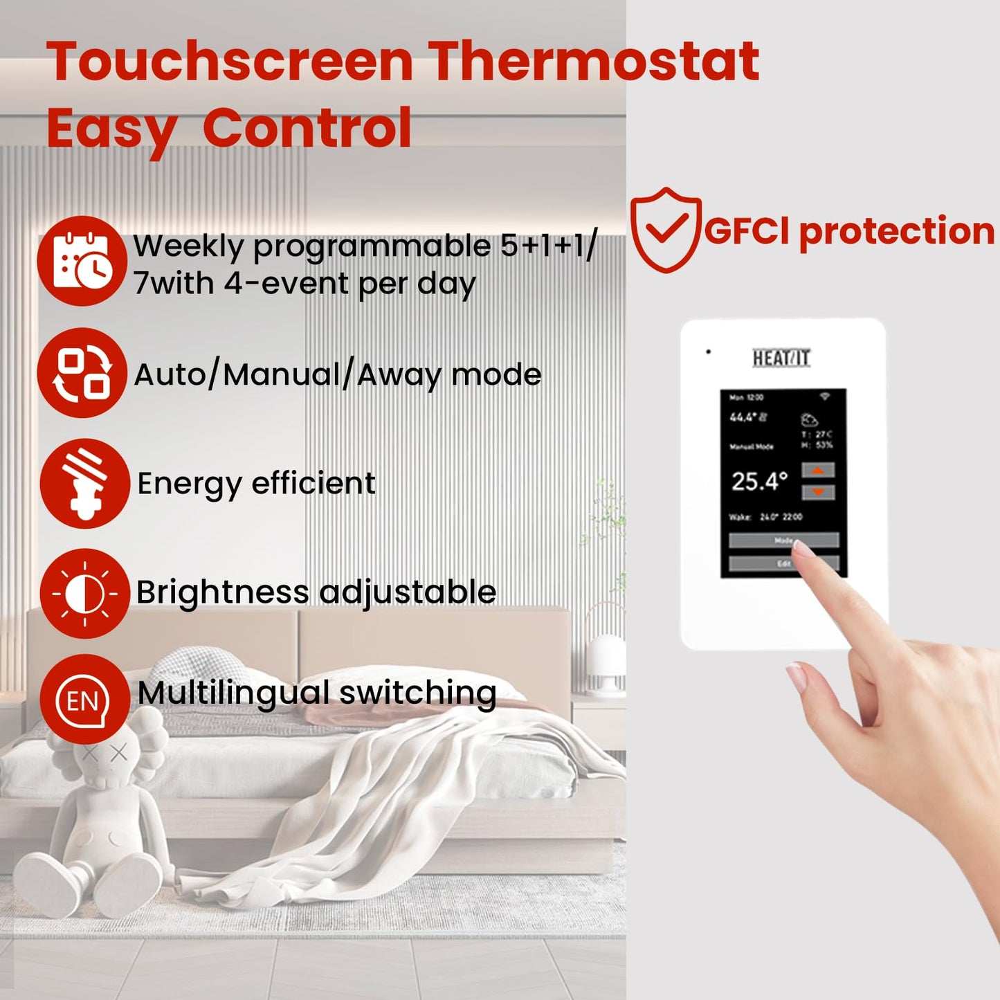 60 sqft HEATIT Warmmat Electric Radiant Self-adhesive Floor Heat Heating System & ET-7AW Thermostat & Alarm Monitor