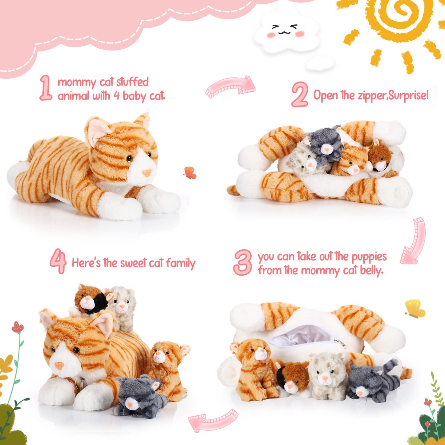 Skylety 5 Pieces Cat Stuffed Animal with Babies Inside Belly Plush Cat Pregnant Mommy Kitty with 4 Cute Fluffy Stuffed Kittens Christmas Birthday Surprise Gifts(Orange)