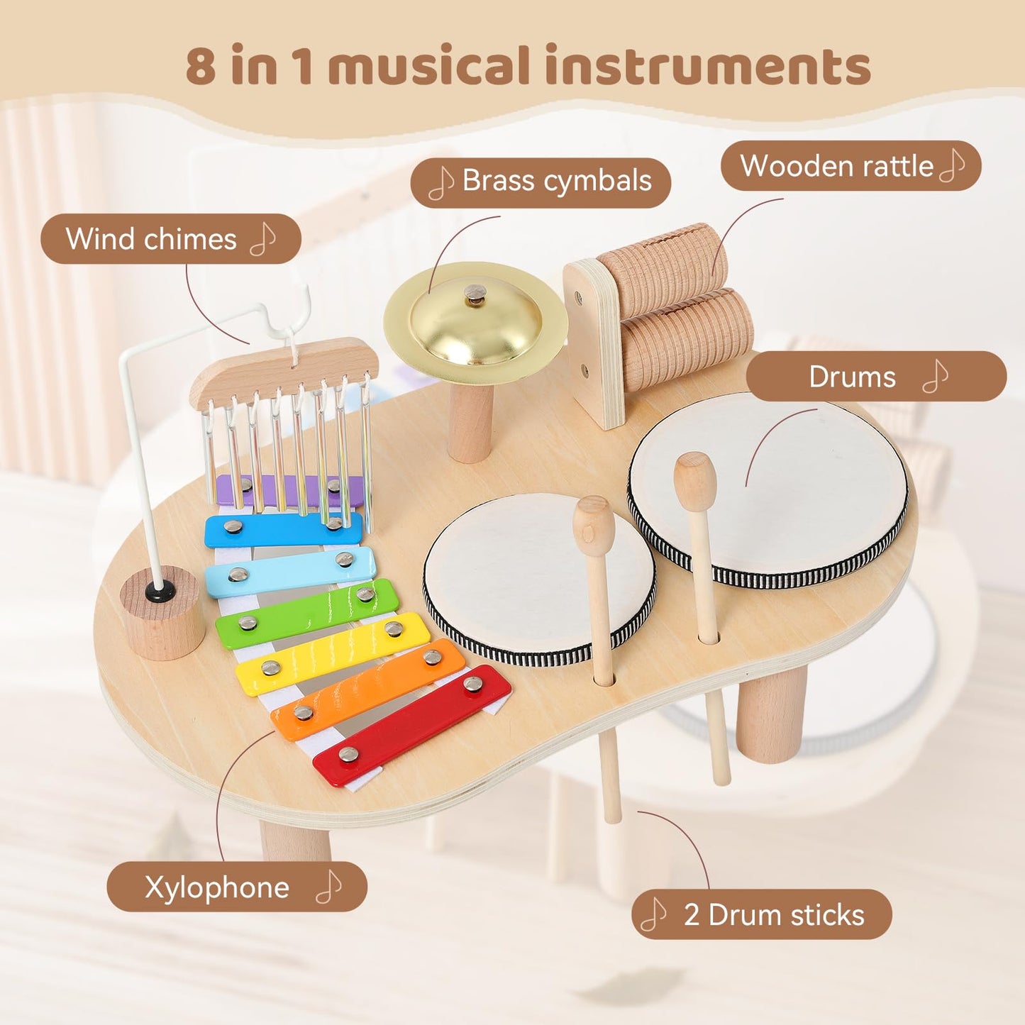 Promise Babe Wooden Drum Set for Toddlers 1-3, Musical Percussion Instruments for Kids Baby Drum Set Xylophone, Montessori Educational Musical Toys for Girls Boys Ages 3+