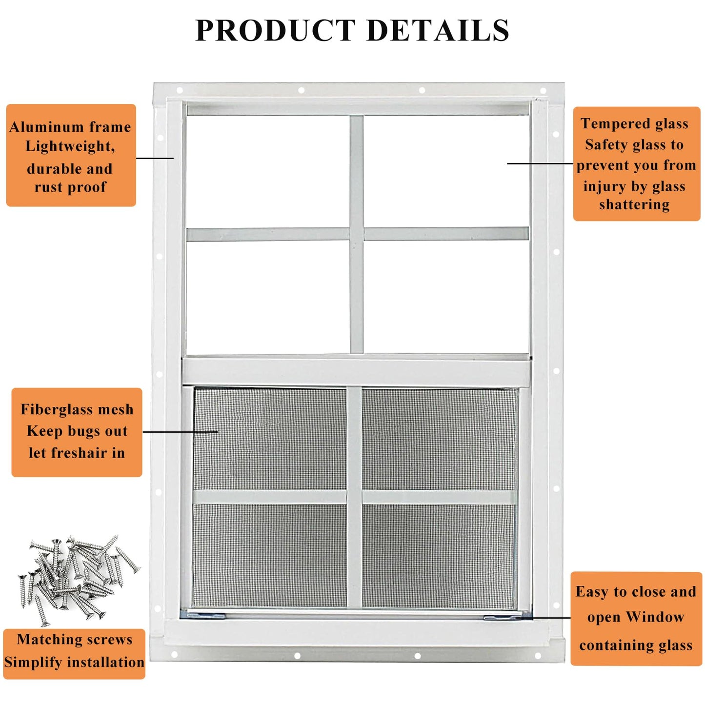 2 Pack White Shed Windows 24" x 36" Flush Mount Window with Tempered Glass and Fiberglass Screen for Chicken Coop Sheds Barns Playhouse