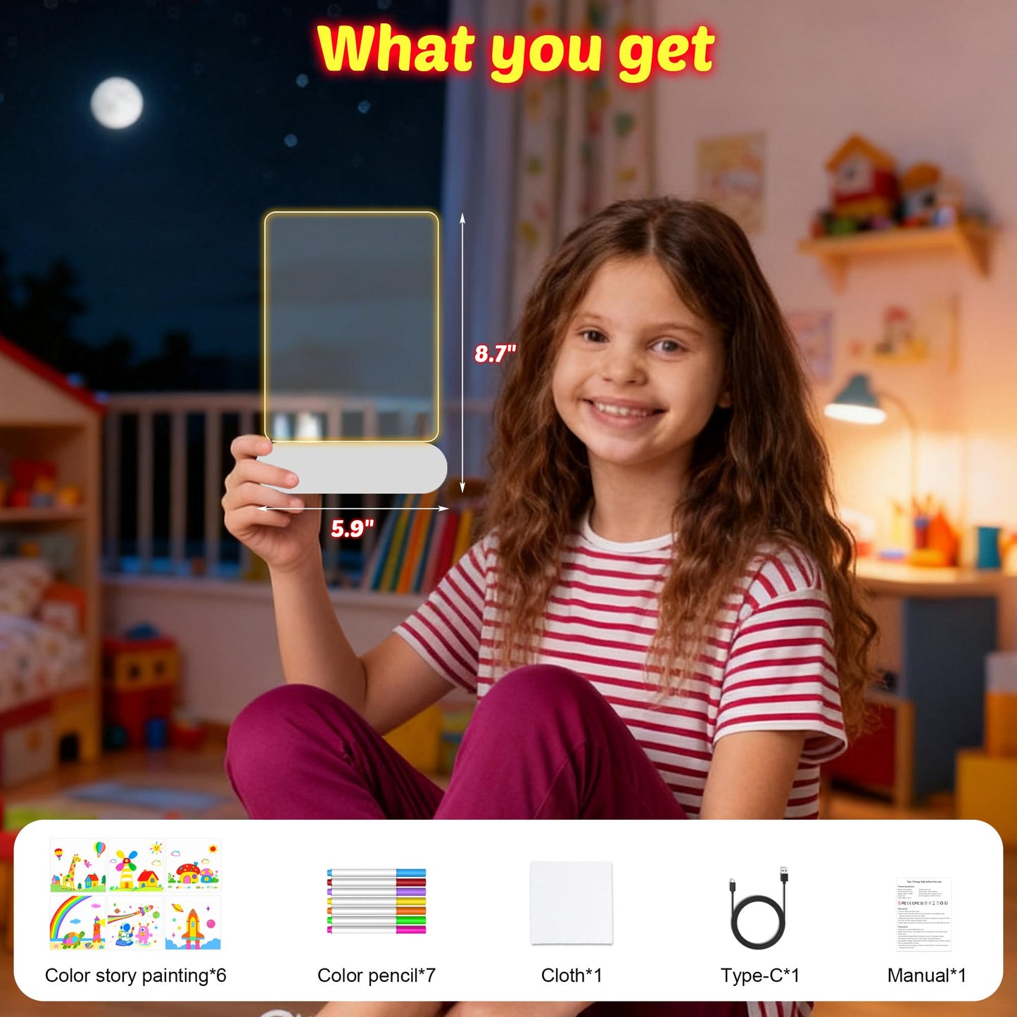 MOKOQI Rechargeable LED Drawing Board | Cordless LED Note Message Board for Kids，DIY Kids Own Night Light | Dry Erase Writing Board | Easter Birthday Gifts for Girls Boys 6-8