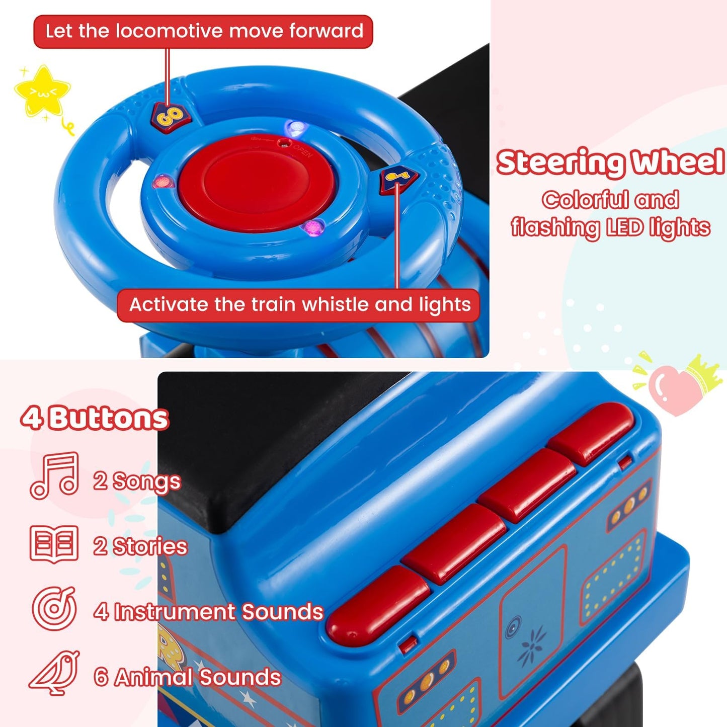 Costzon 2-Seater Ride on Train with Carriage, 6V Ride on Toy w/Under-Seat Storage, Footrests, Train Whistle, Music & Colorful Flashing LED Lights, Electric Car for Kids (2 Seaters, Blue)