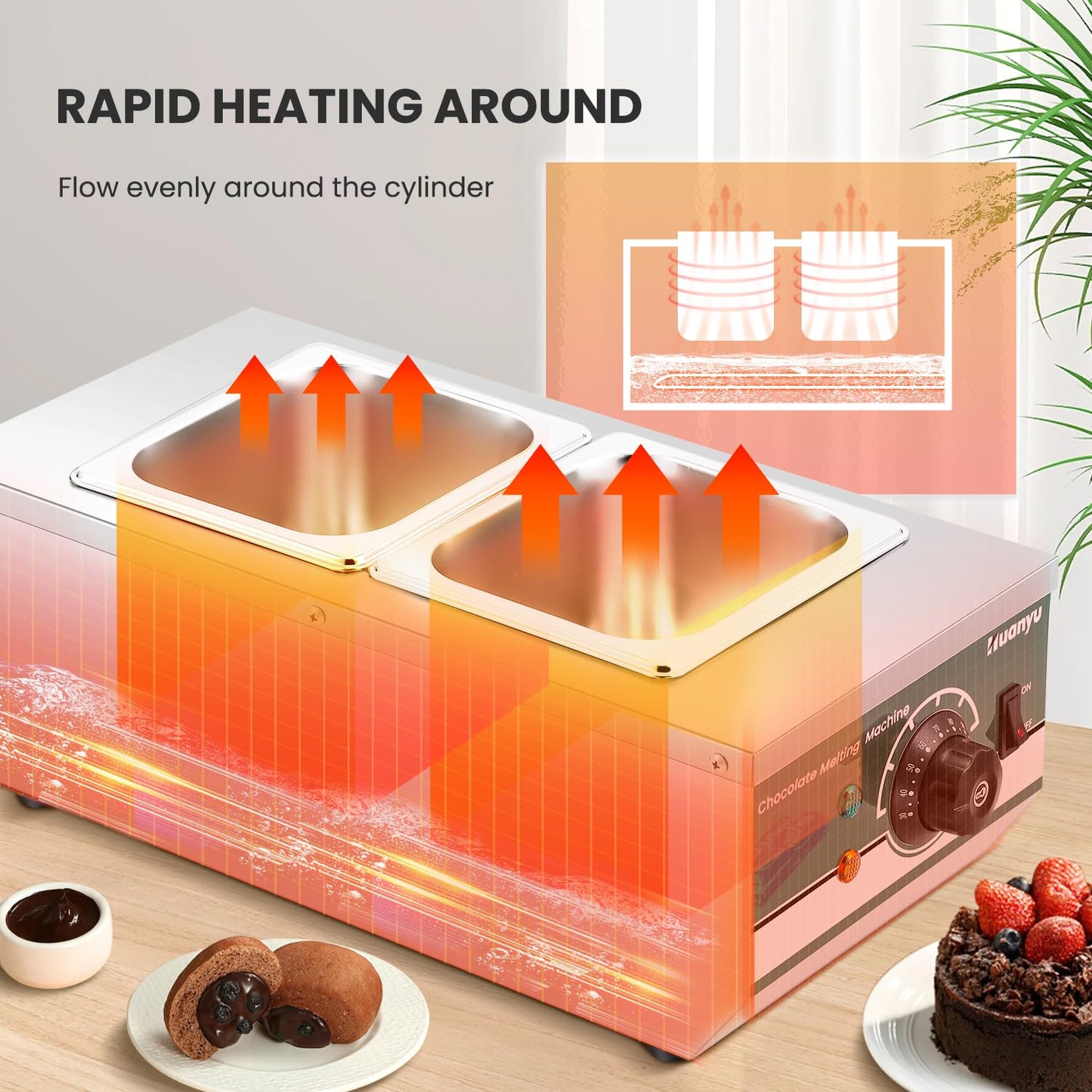 Huanyu Chocolate Tempering Machine 86~230℉ Commercial Electric Melting 2-Pot 6.6LBs Stainless Steel Food Warmer Professional Heated Chocolate Melter with Lid for Catering Restaurant Canteen Home Party