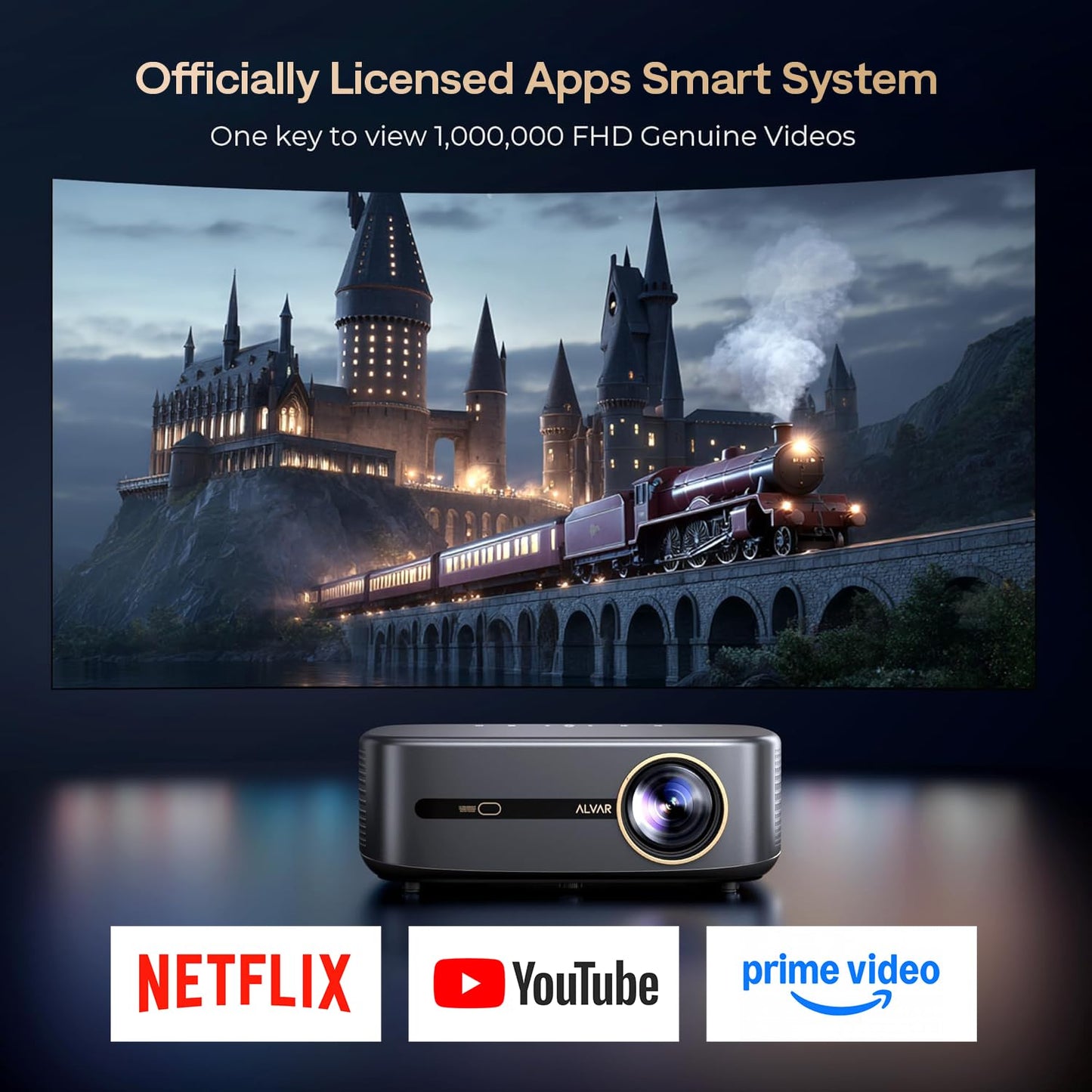 [1200 ANSI & Audio by dbx-tv] Alvar Projector with WiFi 6 and Bluetooth, 30W Speakers, Built in NetfIix App & DoIby Audio Outdoor Proyector, Auto Focus & Keystone Native 1080P Smart Projector, Black