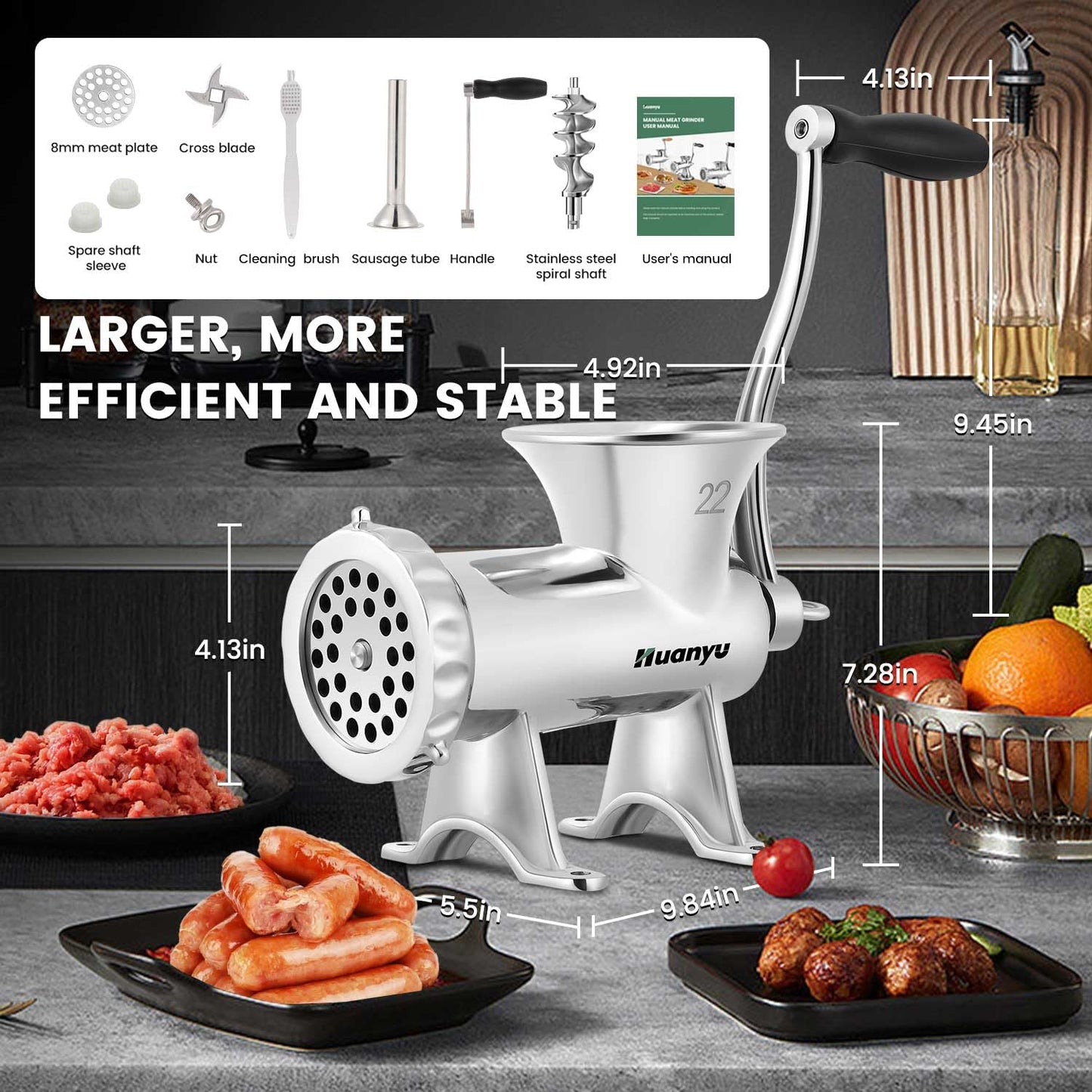 Huanyu Manual Meat Grinder Sausage Stuffer Stainless Steel Sausage Filler Commercial Meat Grinding Machine Household Pork Meat Mincer (NO.22)