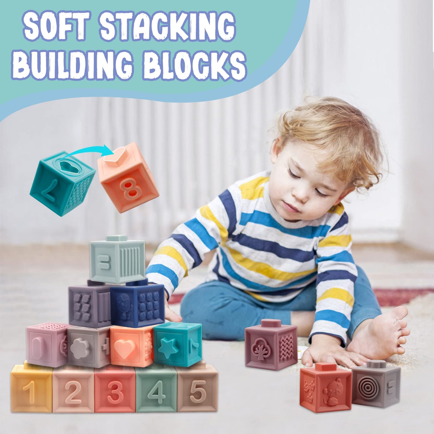Montessori Toys for Babies 6-12 Months, Soft Baby Blocks Toys Set, 3 in 1 Infant Stacking Building Blocks, Teething Toys Sensory Balls Educational Learning Toys for Toddlers 3-6-9-11 Months Boys Girls