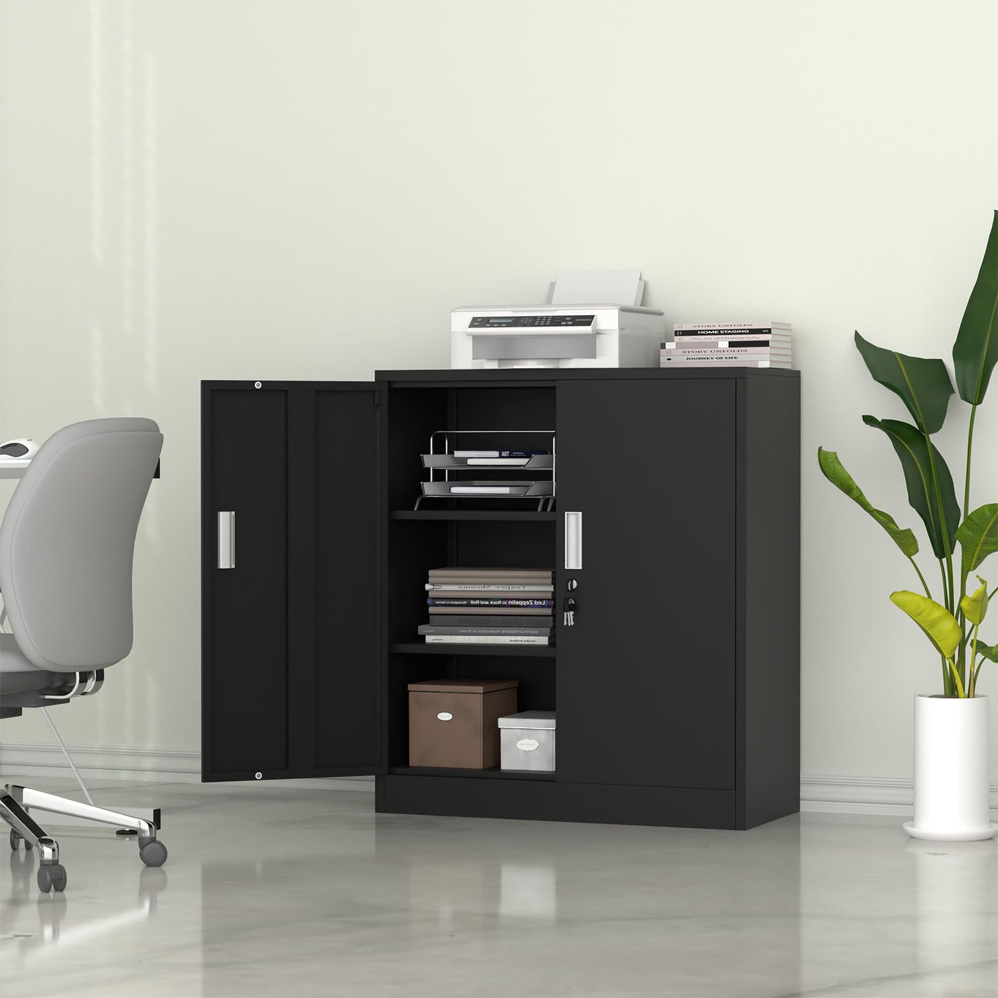 JINKUR Metal Storage Cabinet with Locking Doors and 2 Adjustable Shelves, Small Lockable Steel Storage Cabinets for Home Office Garage Kitchen Pantry (Black)