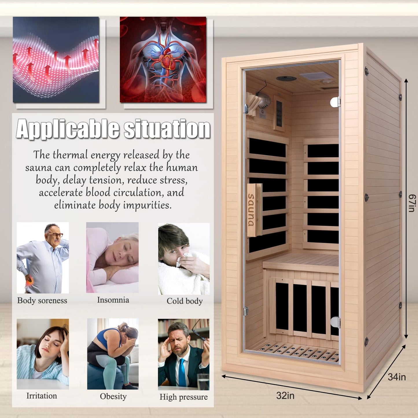 Homsido Home Sauna for 1 Person, Canadian Hemlock Wood Indoor Sauna with Far Infrared Heat Therapy, 1200W Low EMF Heating, Bluetooth Speakers & LCD Control Panel