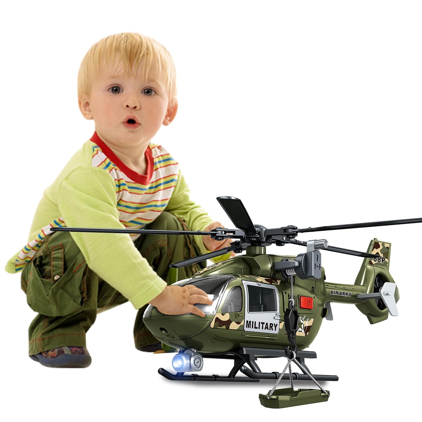 XUEXUE Large Military Helicopter Toy 15 Inch, Army Green Kids Helicopter with Crane & Hanging Tray, Toy Helicopter with Lights and Sounds, Helicopter Toys for Kids 3-5, Birthday Gift for Boys Age 3-7