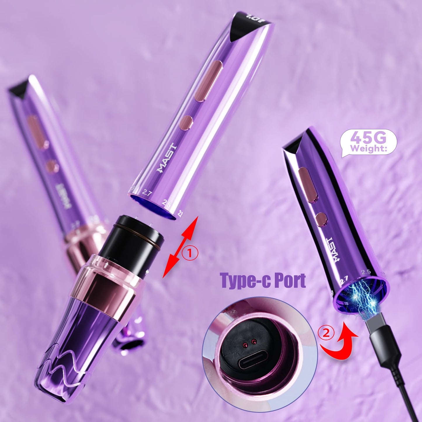 Mast P60 Tattoo Gun Machine, Wireless Tattoo Pen, 5 Strokes Length 2.2mm - 3.2mm, 121g/4.2oz, 2 Batteries, Pink Color