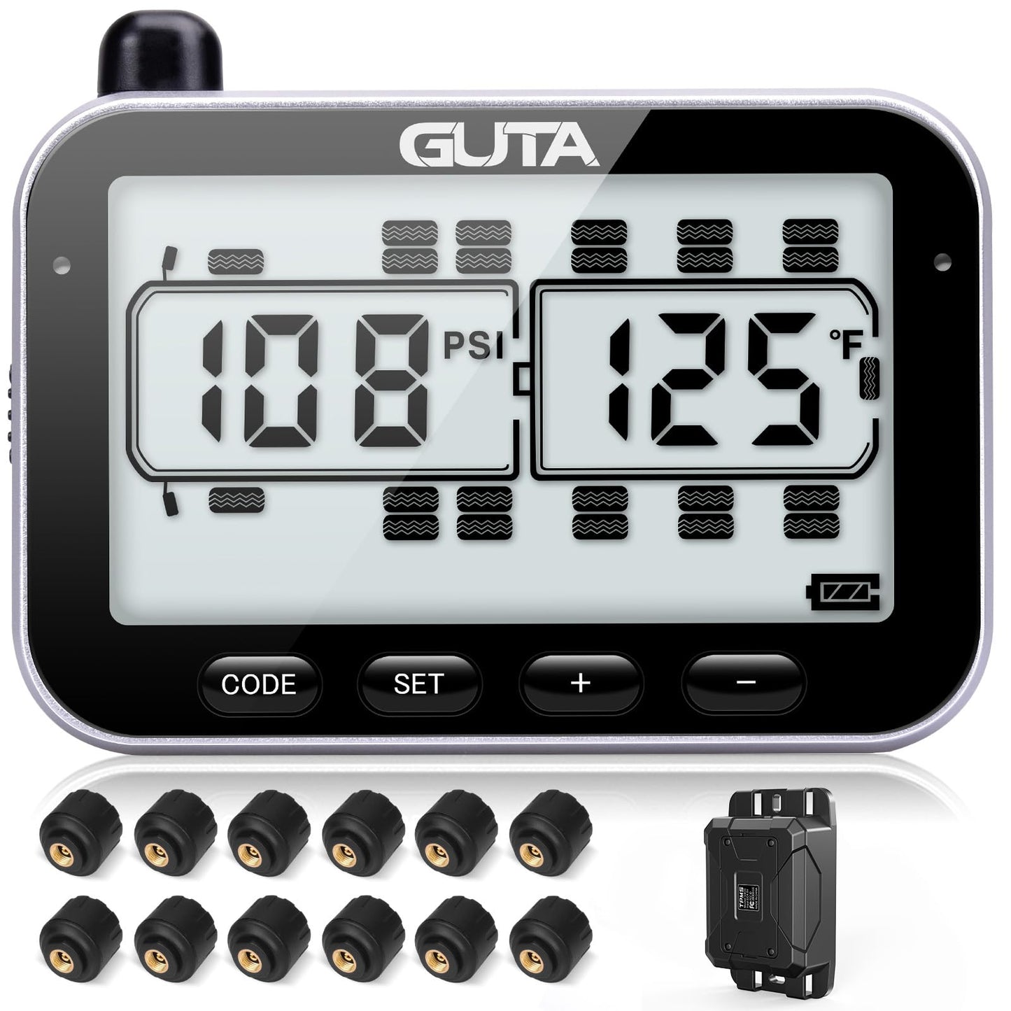 GUTA RV Tire Pressure Monitoring System, RV TPMS, 12 Sensors, 7 Alarm Modes, 14 Days Battery Life, 80ft Sensing Distance, Large Screen, for RV, Trailer, Coach, Motor Home, Fifth Wheel, (0-188psi)
