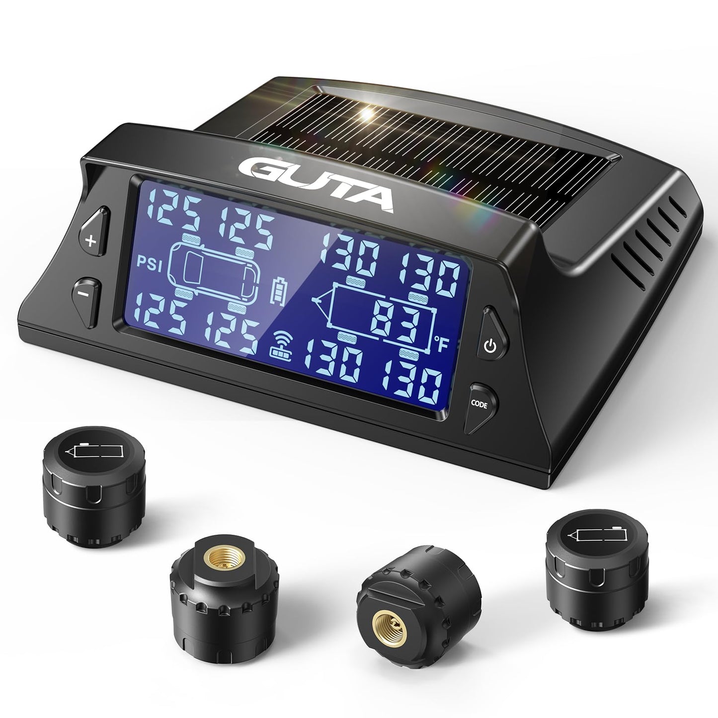 GUTA RV Tire Pressure Monitoring System, RV TPMS with 4 Sensors (0-188 PSI), Solar Charging, 6 Alarm Modes, Auto Sleep Mode, LCD Display, Tire Pressure Monitor System for RV/Trailer/SemiTruck