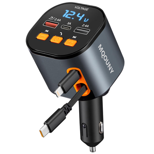 Retractable Car Charger,5 in 1 Fast Cars Phone Charger 90W,Bluetooth 5.3 FM Transmitter Adapter,Handsfree Call,2 Retractable Cables and USB Chargers for iPhone17/16 15/14/13
