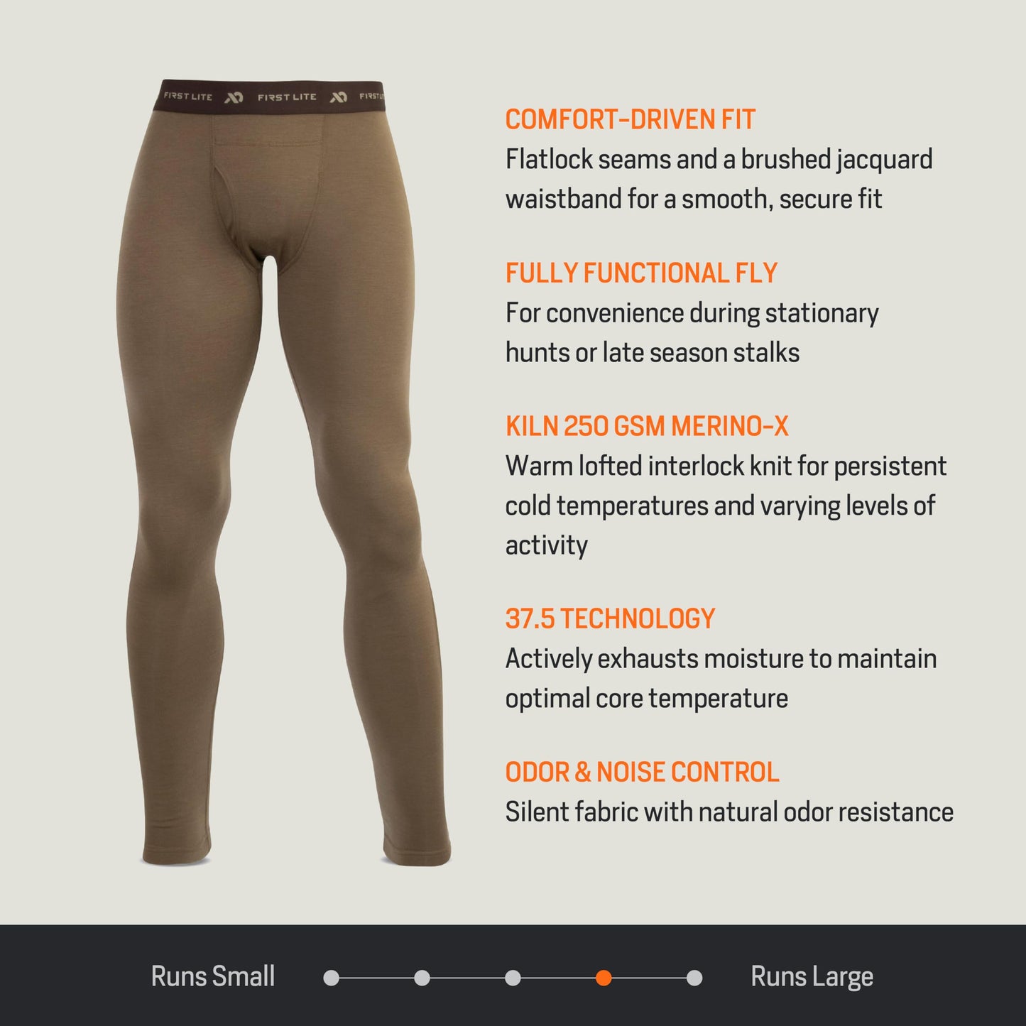 First Lite Men's Kiln Long John - Midweight Merino Wool Hunting Base Layer - Dry Earth - XX-Large