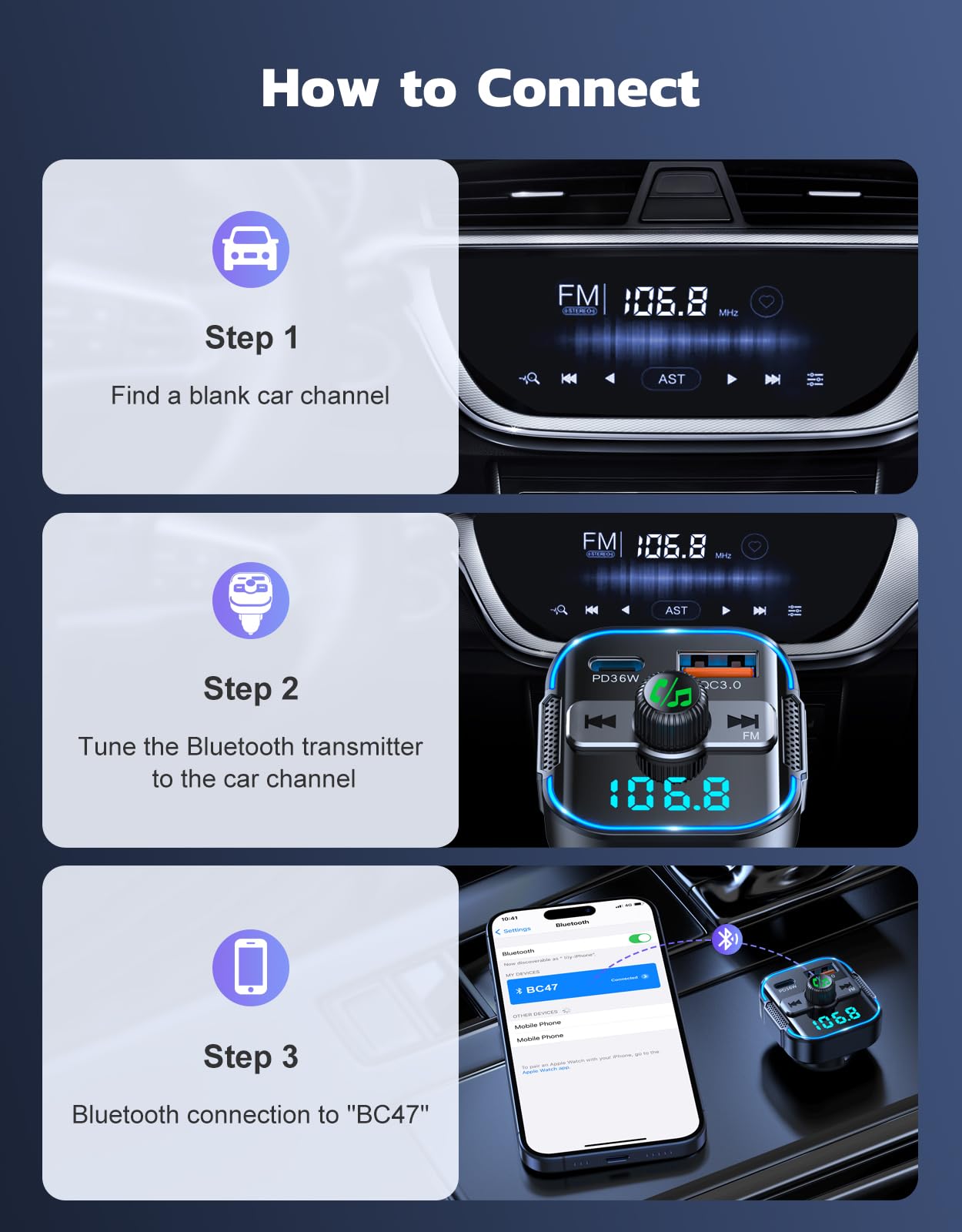 RIWUSI Bluetooth 5.3 Car Adapter【PD 36W+QC3.0 18W】, 2-in-1 FM Bluetooth Transmitter 【Dual Stronger Mics】& Fast Car Charger, Wireless FM Radio Adapter Hands-Free Calling, Siri Assistant, Black