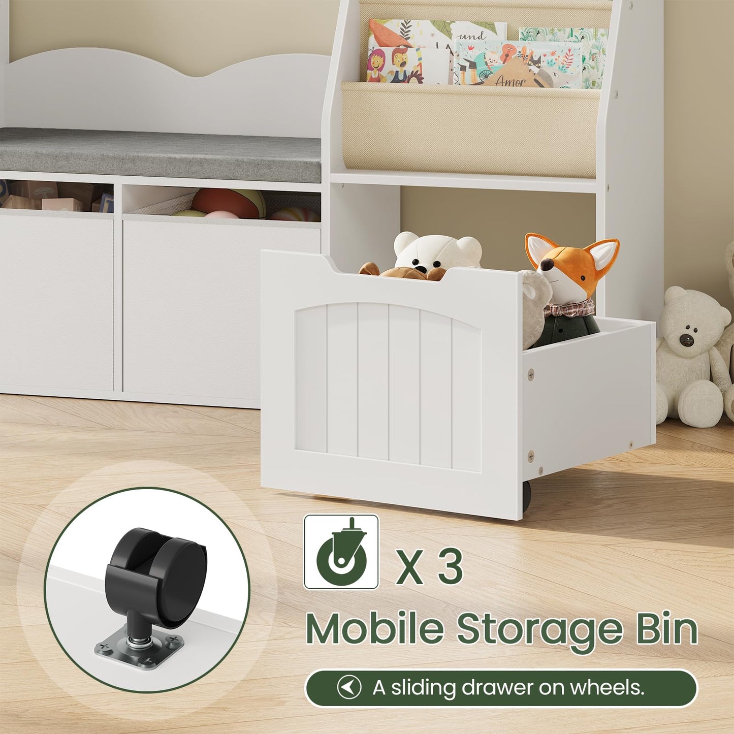 CHOEZON 53.1" Kids Bookshelf with Reading Nook, 4-in-1 Children's Bookcase with Soft Bench, Mobile Drawer & Fabric Bins, Storage Shelves, Bookshelf for Kids, White MCW18WB