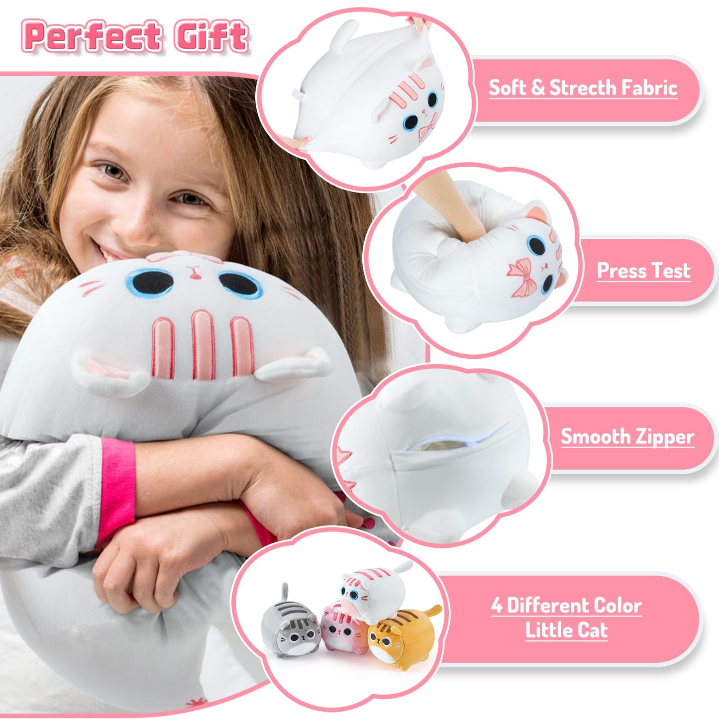 White Cat Plush, 5 PCS Cat Plush Stuffed Animal Family, 16" White Cat Mommy Plushie with 4 Baby Kittens Cat Plushies for Kids, Kawaii Cat Plush Toy Christmas Birthday Gifts for Kids Boys Girls