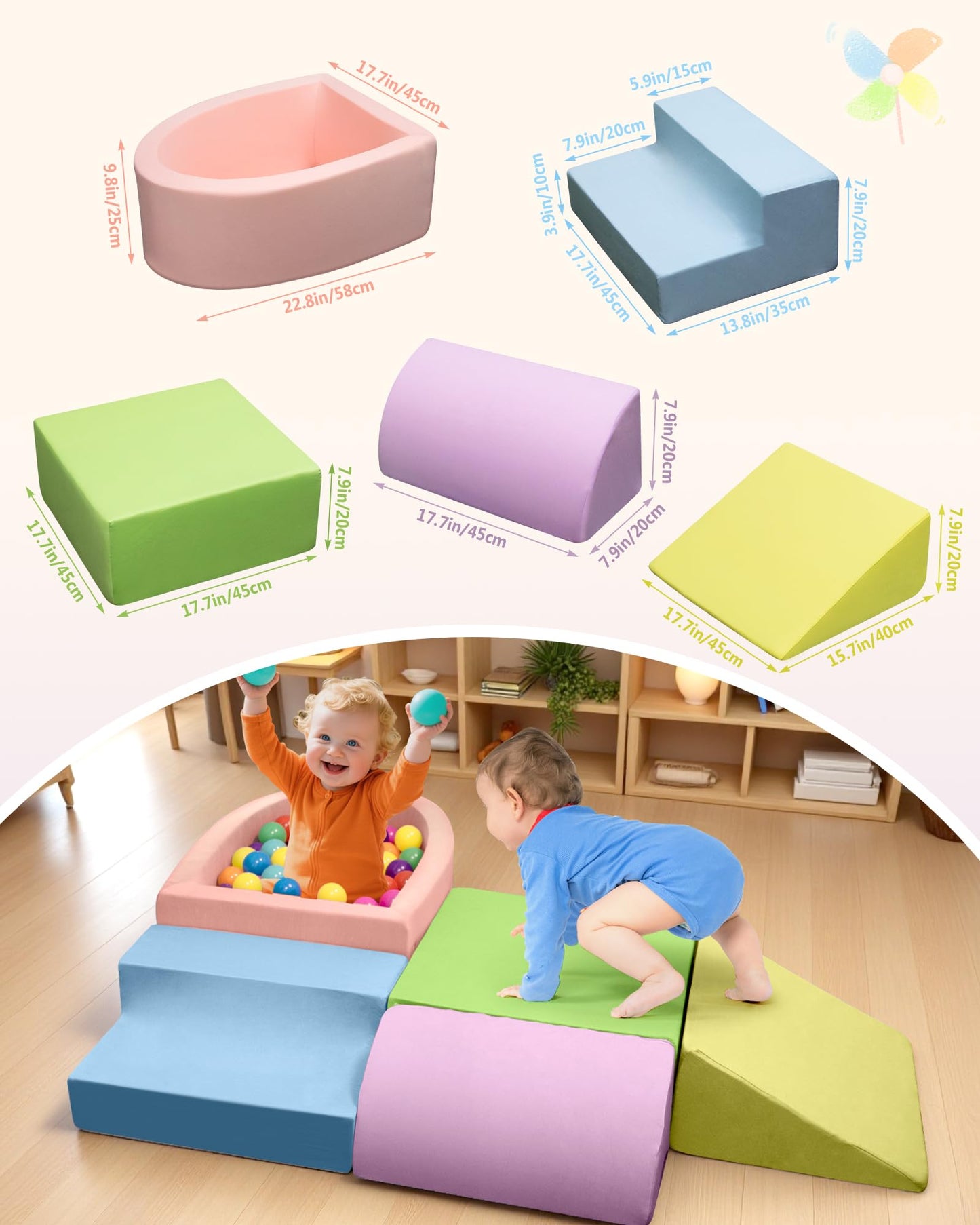 Auksay Baby Climbing Blocks, Soft Play Set for Crawling Baby 6-12 Months, Anti-Slip Particles Bottom & Velcro Connectors, High-Density Foam Gym with Soft Fabric Cover (Balls not Included)(Colorful)