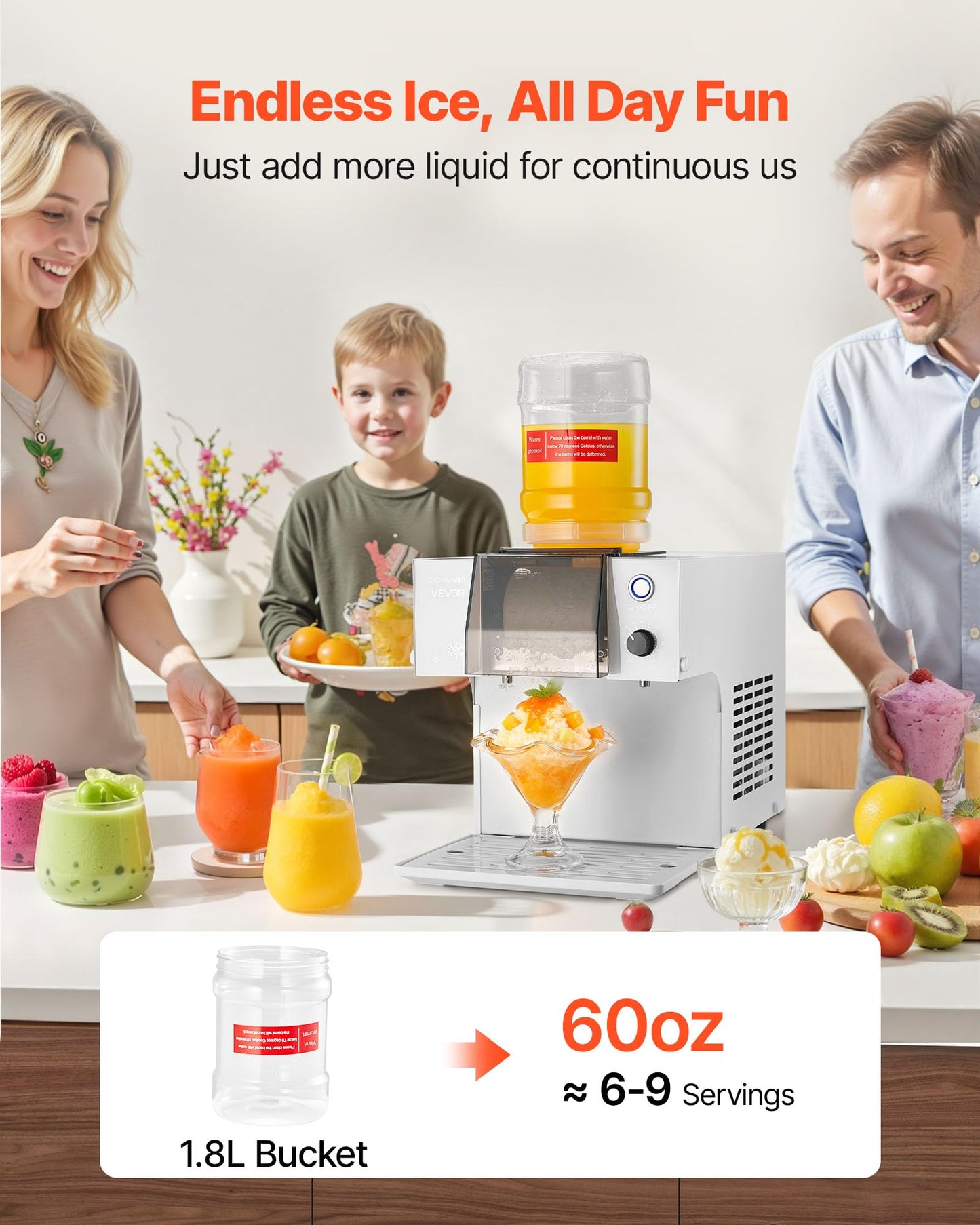 VEVOR Snowflake Ice Machine, 132LBS/24H Snowflake Ice Maker, Ice-Shaver Machine with Stainless Steel Blade, Electric Snow Cone Maker with 0.48Gal Tank, 90S Fast Pre-Cooling, for Home & Small Gathering