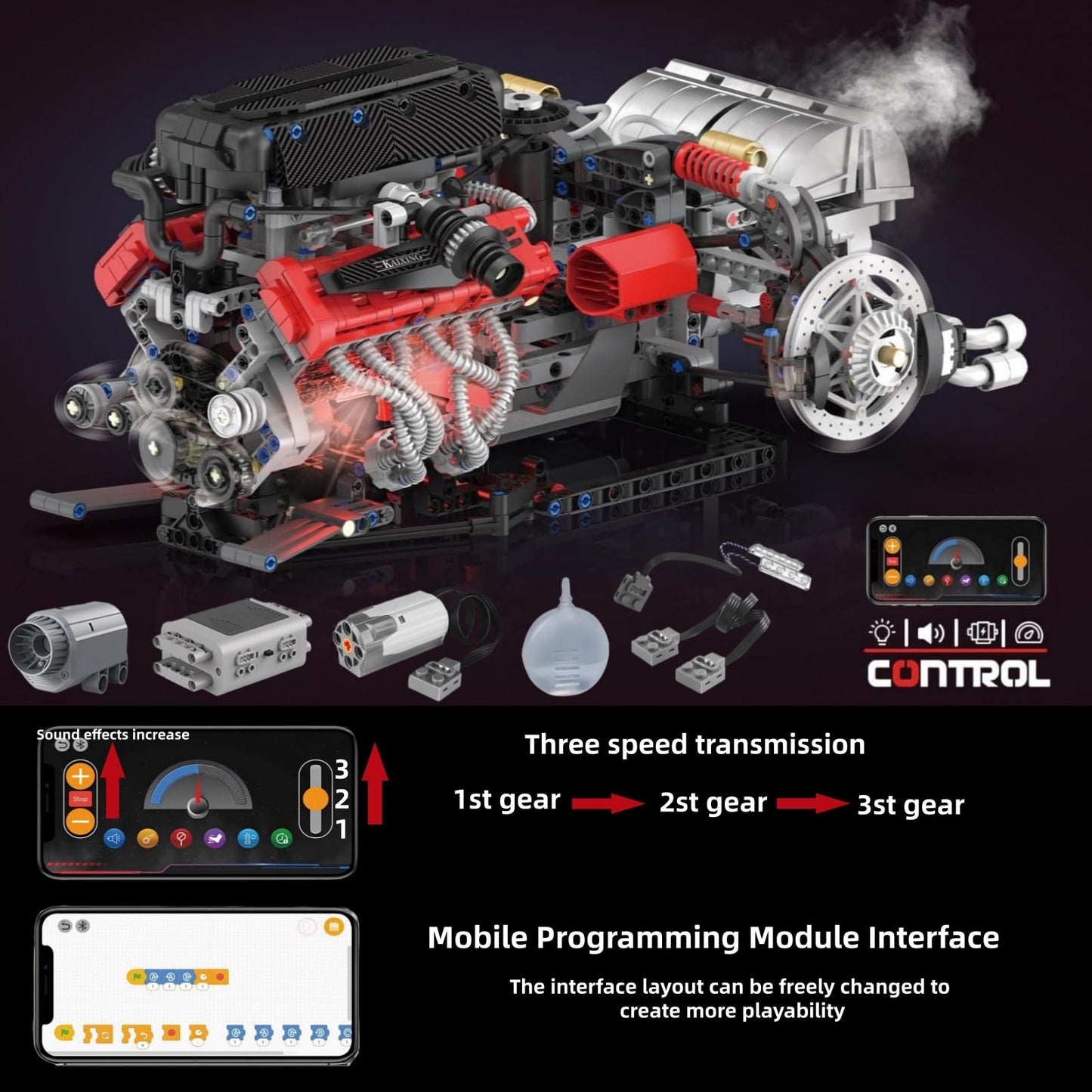 V12 Engine Model Kit that Runs - Visible MOC Physical Science Car Engine Project for Car Enthusiasts with Motor, Lighting and Exhaust,STEM Building Engineering Toy Set for Adults