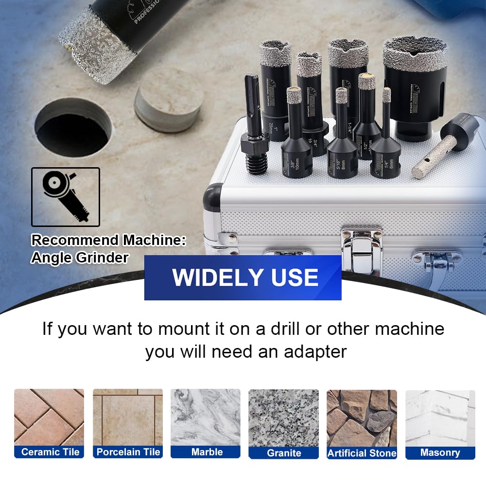 SHDIATOOL Diamond Core Drill Bits Hole Saw Kit for Porcelain Tile Ceramic Marble Brick Vacuum Brazed Cutter Set 10-Piece （6/8/10/13/19/25/32/51mm +10mm+SDS Plus