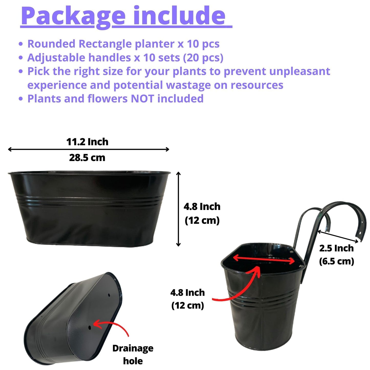 LaLaGreen Outdoor Plants Rail Planter (11.2 Inch, 10 Pack) Black Metal Iron Hanging Flower Pots Deck Railings Fence Buckets Modern Boho Style Wall Mount Window Box Plant Holder Hooks Porch Home Decor