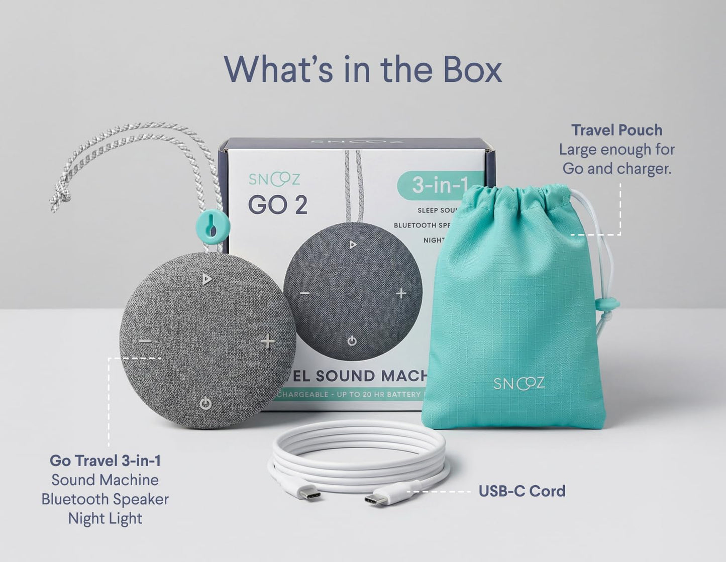 SNOOZ Go 2 Portable White Noise Sound Machine |12 Soothing Sounds | 3-in-1 Bluetooth Speaker & Night Light | Rechargeable Travel Sleep Aid for Adults, Kids | Baby Registry | Bedroom Essential