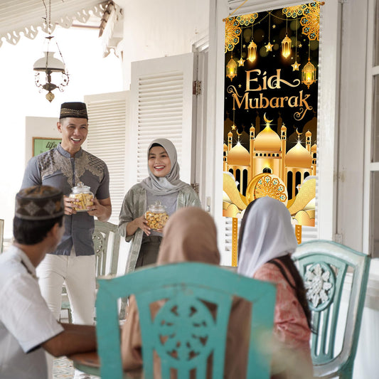 Eid Mubarak Ramadan Hanging Door Decoration, Black Gold Moon Lantern Hanging Banner for Ramadan Decorations, 2026 Eid Mubarak Party, Passover Decor for Home Outdoor