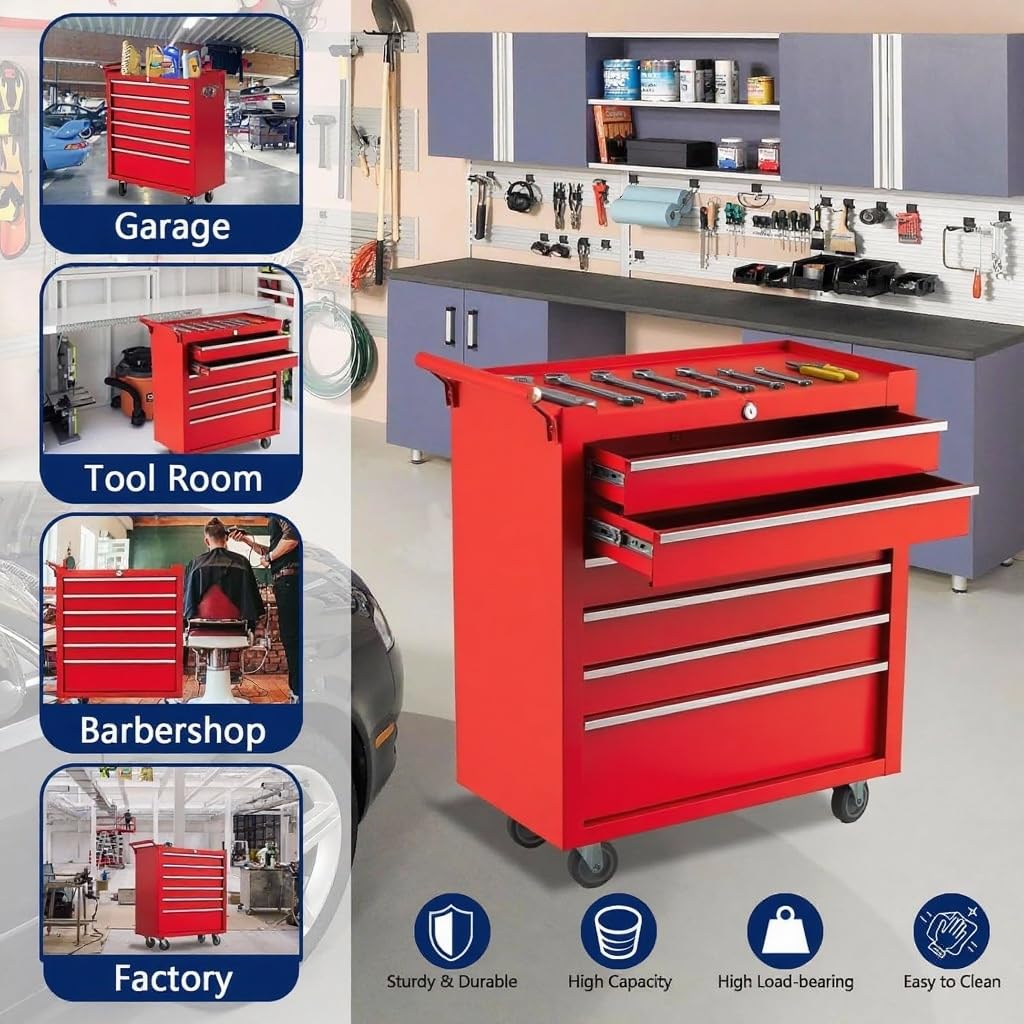 ActiveTrail Heavy-Duty Rolling Tool Chest with 6 Lockable Drawers, Featuring a Sturdy Metal Cabinet and Smooth-Wheeling Mobility, Includes Protective Drawer Liners for Secure Storage