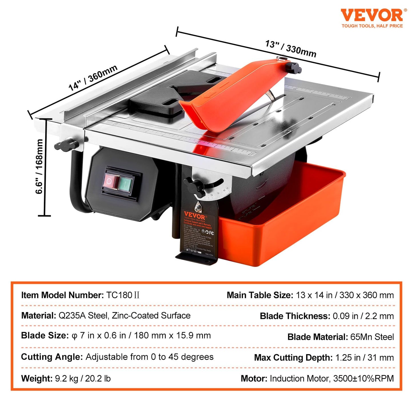 VEVOR 7-inch 65Mn Steel Blade, Wet Tile Saw, 3500 RPM Induction Motor, Tile Cutter Wet Saw with Water Reservoir, 0-45 Degrees Miter Angle for Cutting Tiles and Stones, for DIY Enthusiasts