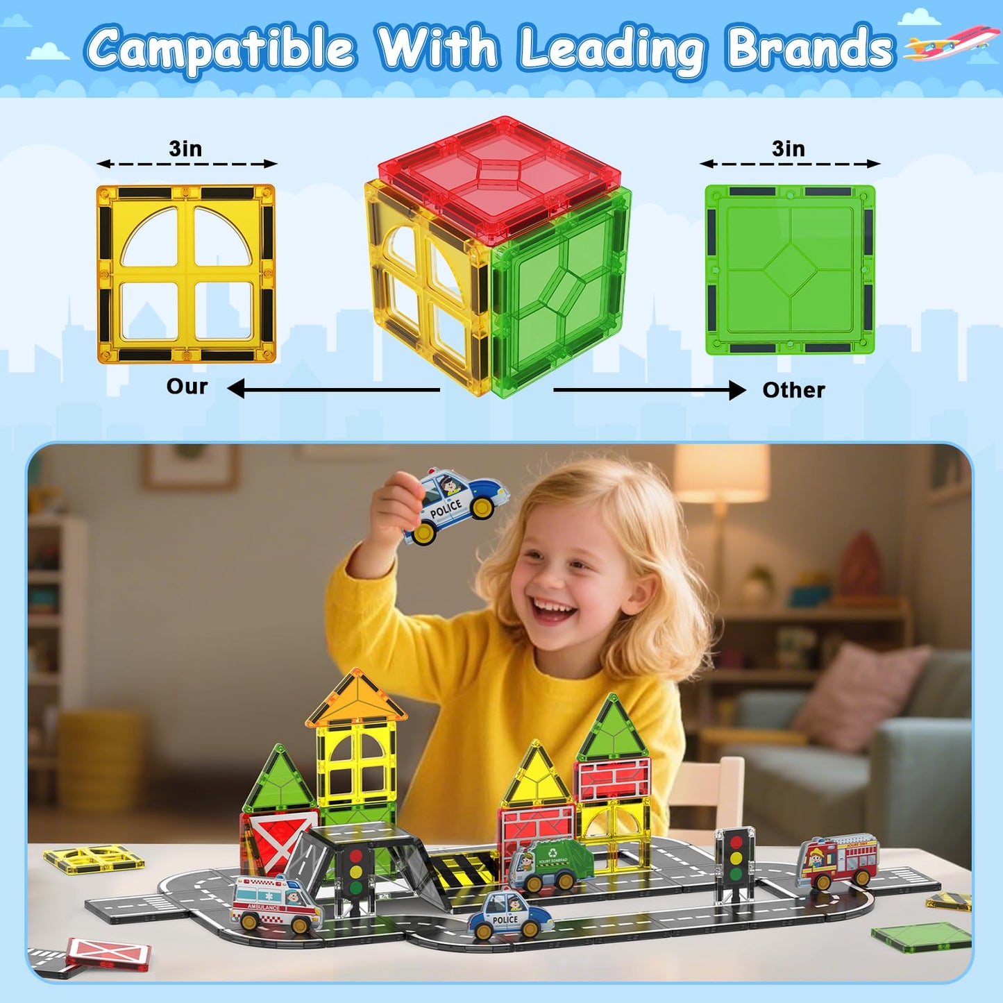 Magnetic Tiles Road Car Set,Magnetic Building Blocks for Kids, Learning Sensory Montessori Toys for 3-8 Year Old Boys Girls, Birthday Gifts for 3-8 Year Old Boys Girls, STEM Toys for Toddler