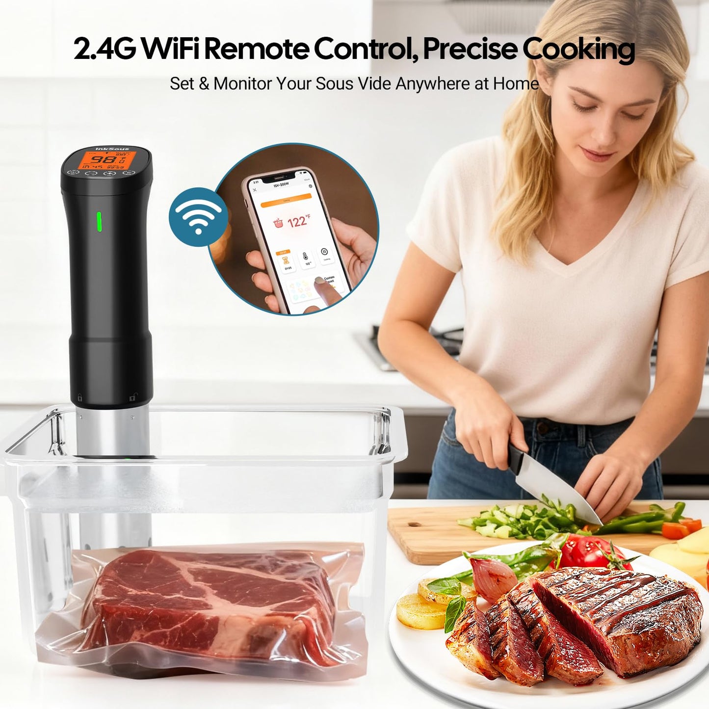 WiFi 2.4G Sous Vide Cooker 1000W,Sous Vide Machine Ultra-Quiet & 3D Fast Heating, App Control, Timer, Precise Calibration & 14 Recipes