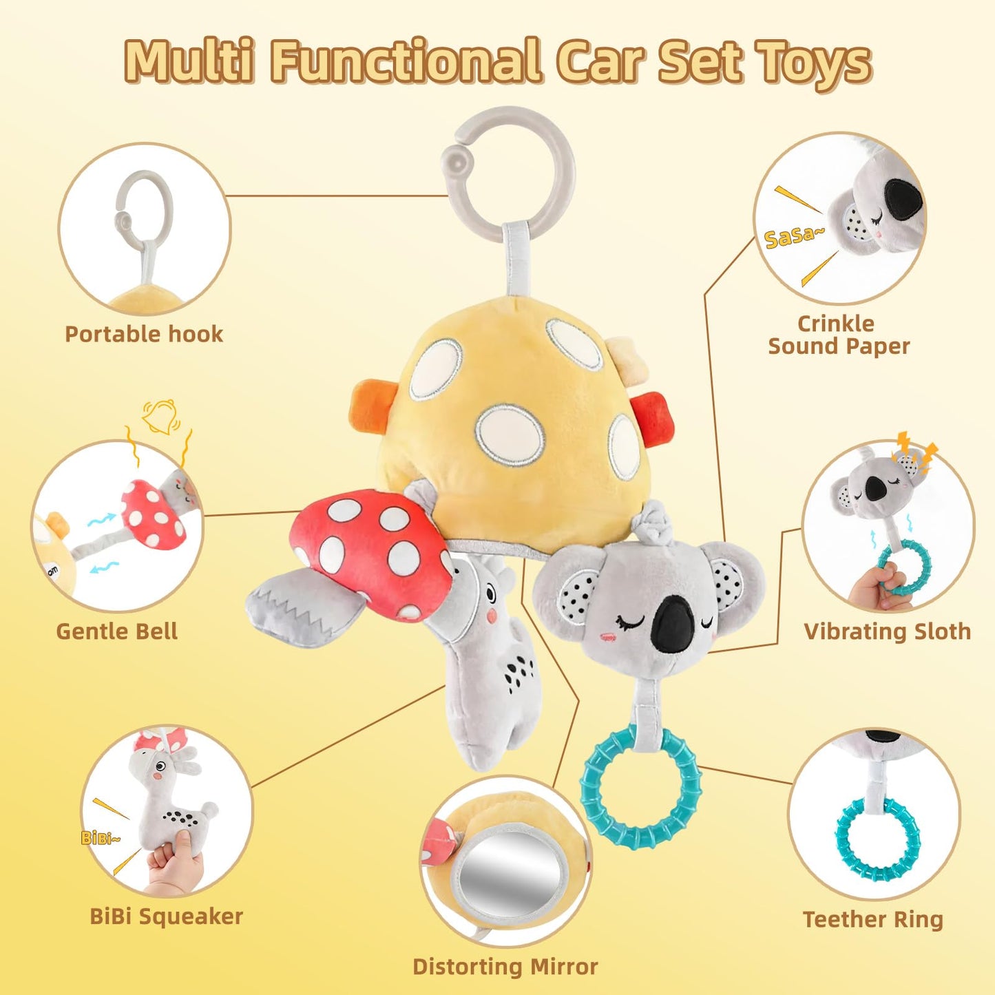 littlove Musical Baby Pull Vibration Toy for Car Seat 6-12 Months, Travel Sensory Toy 3 Months, Montessori Plush Toys for Roadtrip with Crinkle Textures Flutter Squeaky Mirror Newborn Infant Gift