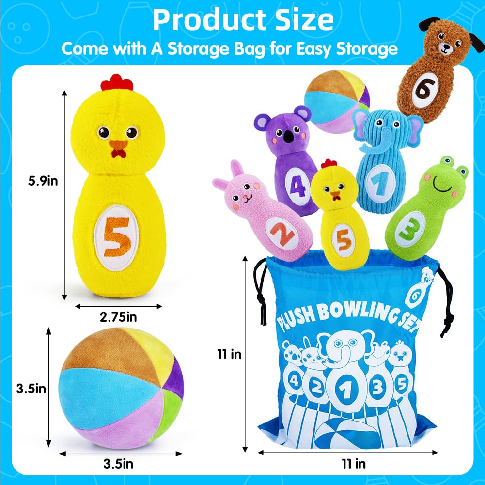 teytoy Baby Bowling Set for Toddlers 1-3, Bowling Games for Kids Indoor with 6 Pins and Storage Bag, Animal Themed Sensory Toys with Rattle & Number, Easter Christmas Birthday Gift