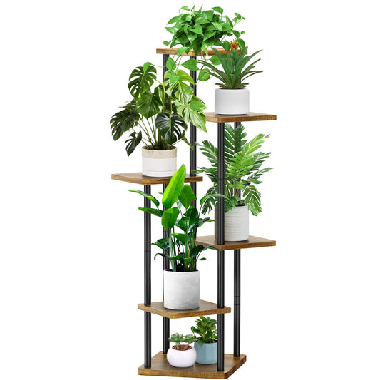 YOCOMEY 6 Tier Plant Stand Indoor, Thickened Metal Wood Corner Plant Shelf Stands for Multiple Plants, Indoor Tall Plants Stand Tiered Flower Holder for Living Room Patio Garden Balcony(Black+Brown)