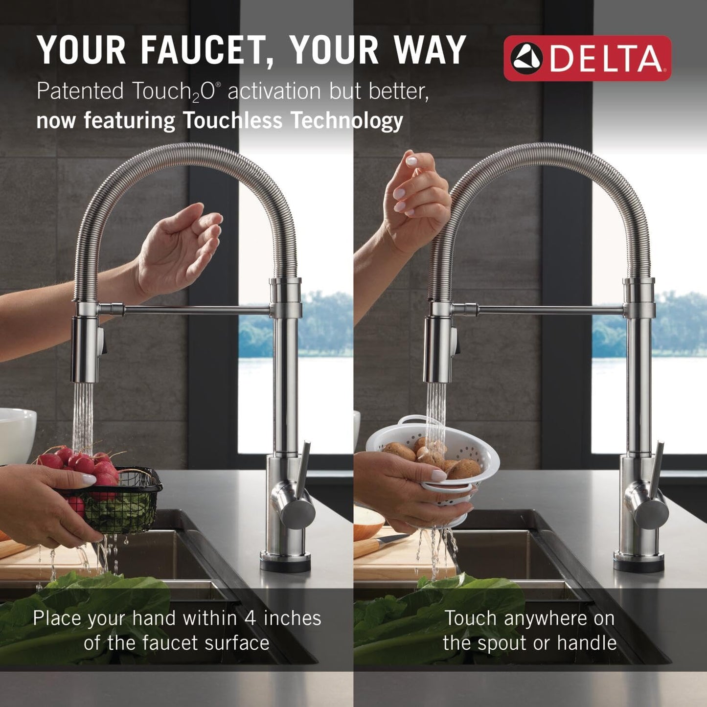 Delta Faucet Trinsic Touch Kitchen Faucet with Touchless Technology, Brushed Nickel Pro Commercial Style Kitchen Faucet, Kitchen Faucets with Pull Down Sprayer, Arctic Stainless 9659TL-AR-DST