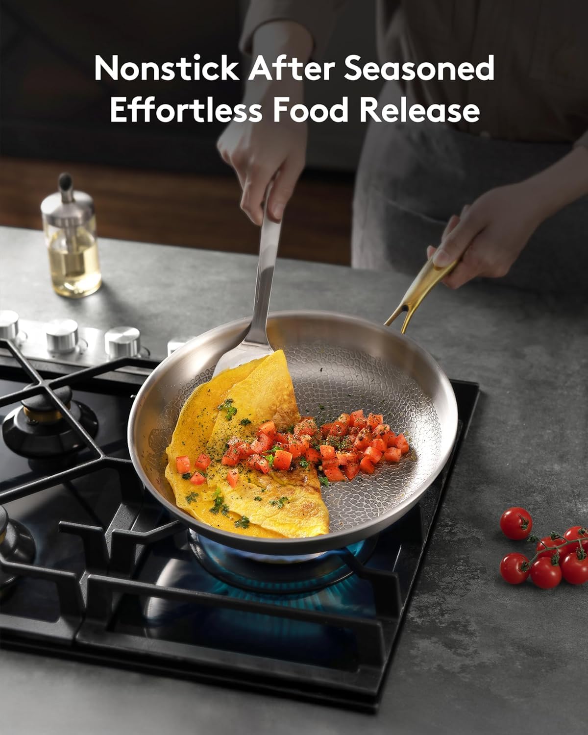 Titanium Pans for Cooking | 12 Inch Pure Tagine Titanium Skillet with Lid | Hammered Chef-Grade Design | PFAS/PFOA/PTFE-Free | Induction & Oven-Safe, Dishwasher Safe
