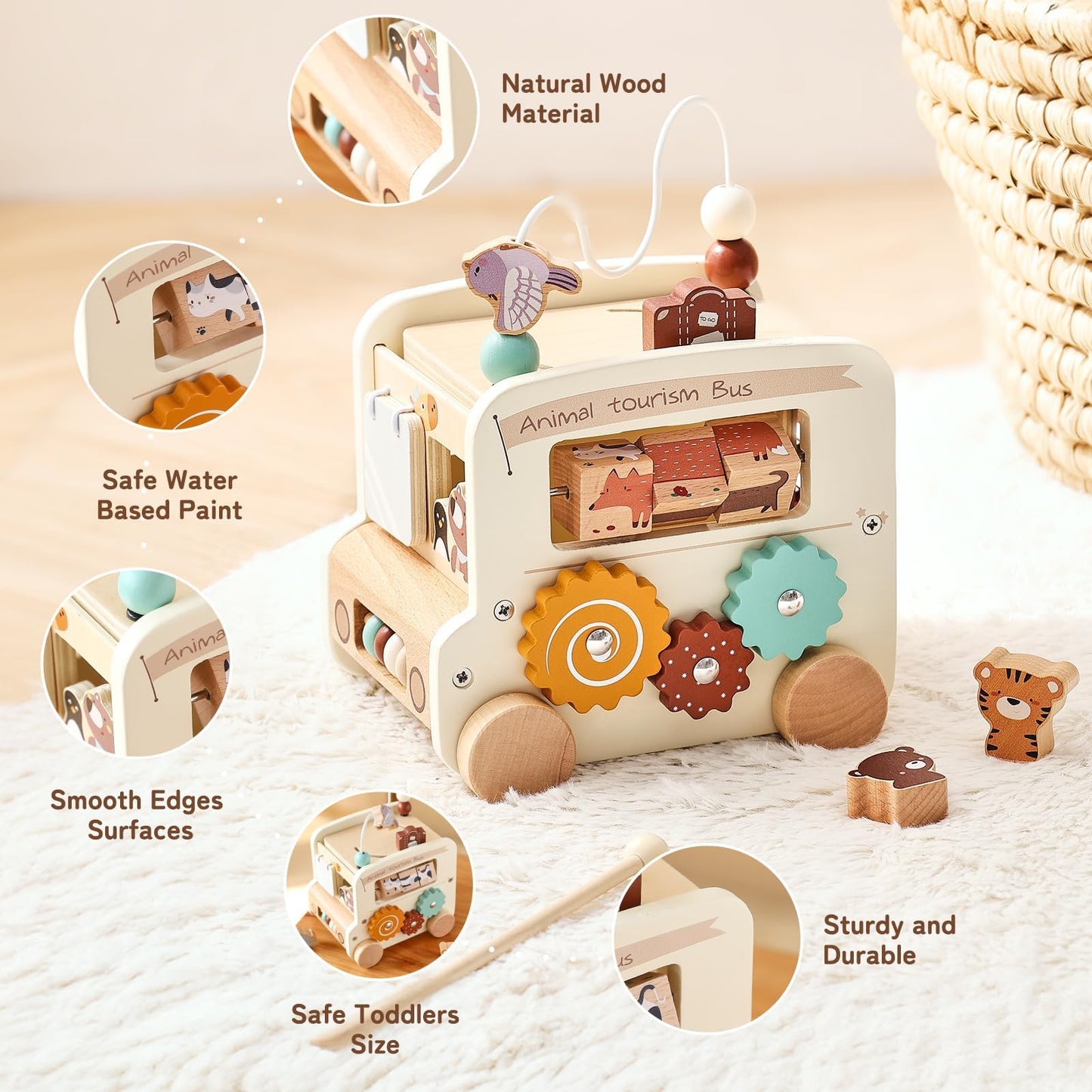 Etucdose Wooden Activity Cube 8-in-1 Montessori Toys | Multifunctional Early Educational Learning Toys | Wooden Toy for Baby Shape Sorter Xylophone Animal Travel Bus Boy Girl Birthday Gift（Beige Bus）