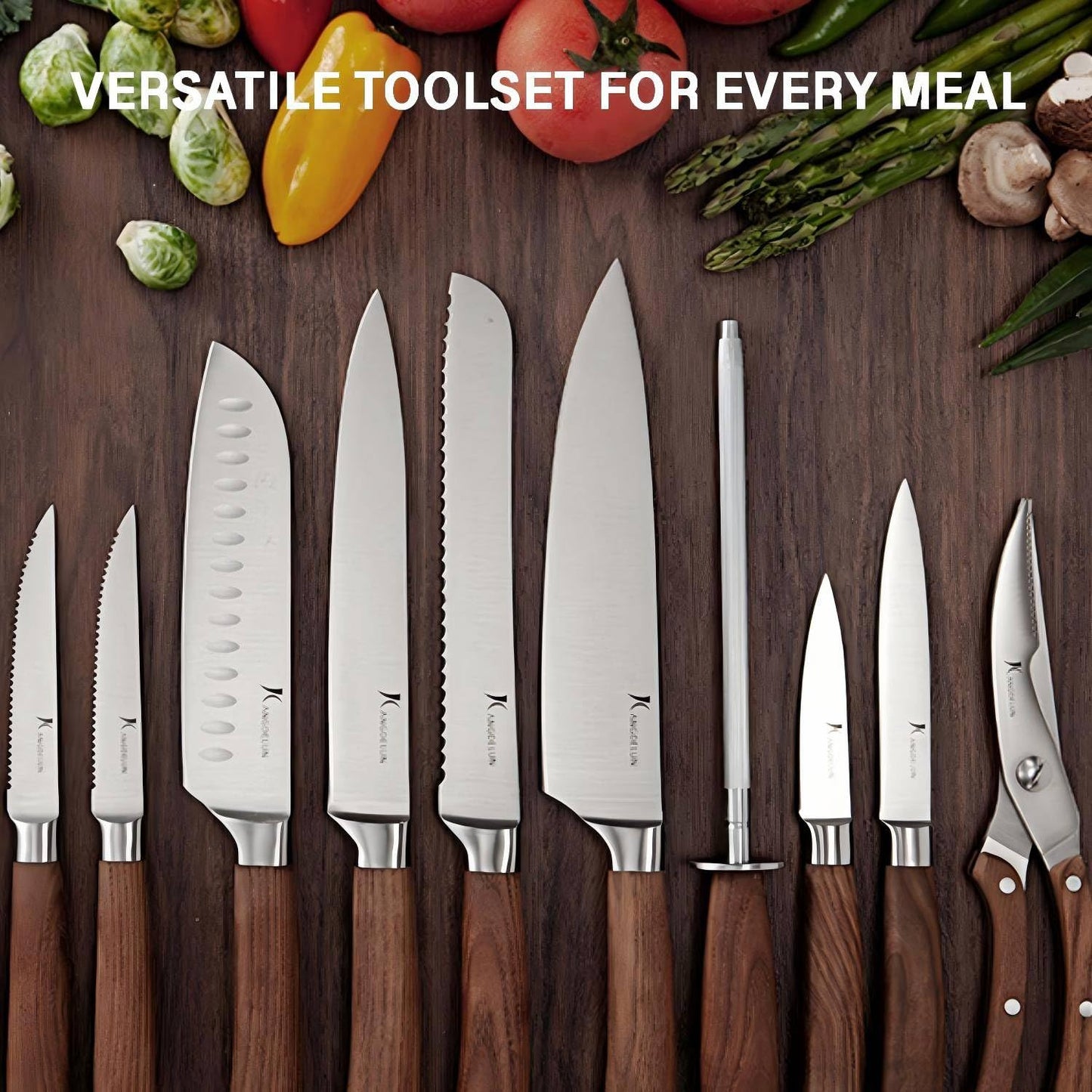 Kangdelun Ultra Sharp 15-Piece Knife Set, 50Cr15MoV High-Carbon Stainless Steel, Torrefied Brown Ash Wood Handles, Angled Golden Brown Wood Block, Easy Hand Wash, Gift Box