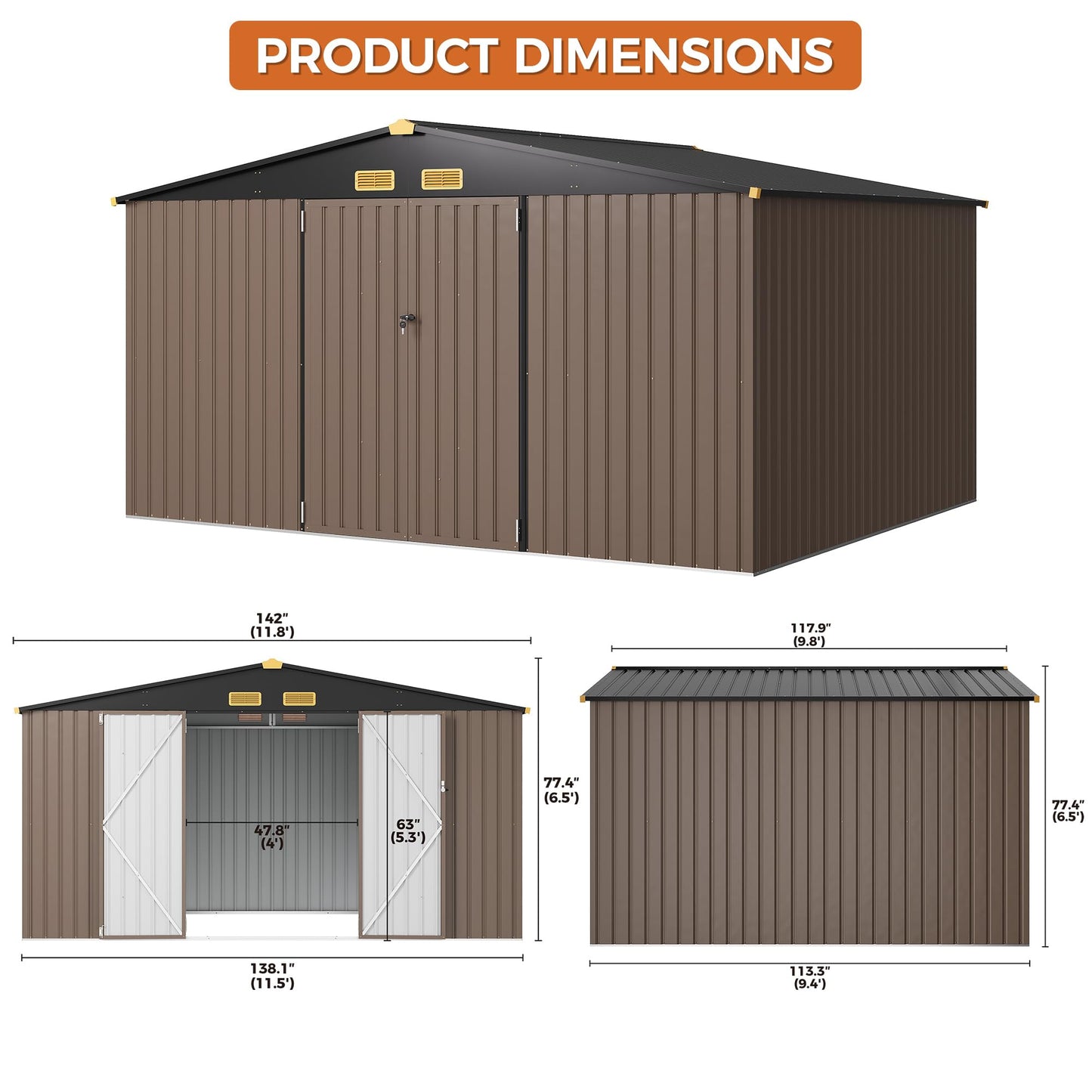 IRONCK 10x12FT Outdoor Storage Shed, Metal Garden Tool Shed with Breathable Vent and Lockable Doors, Outside Storage for Backyard, Poolside, Patio, Brown