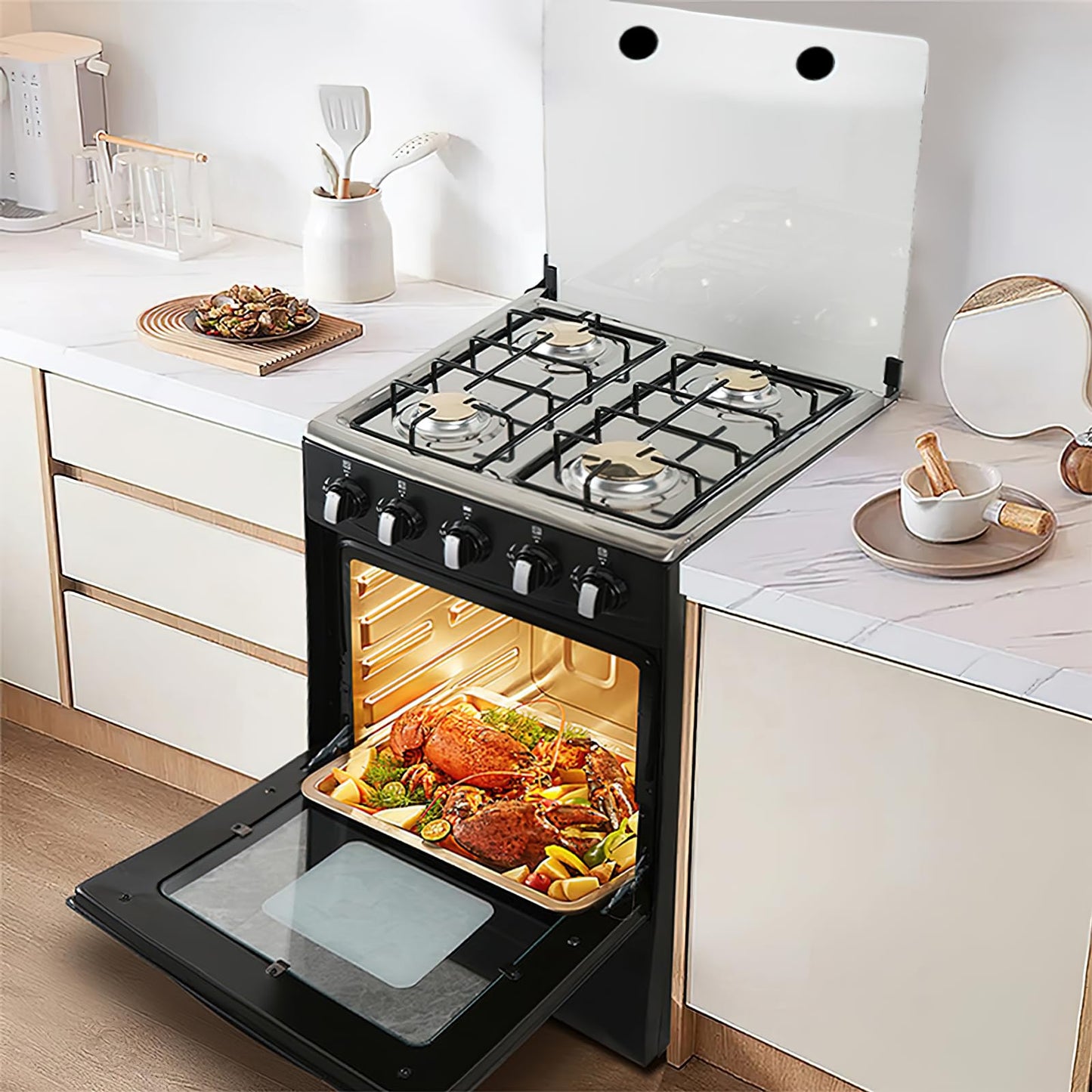 20" LPG Gas Stove - Equipped with 4 coil burners and Stainless Steel 50L Oven (Black: Automatic ignition)