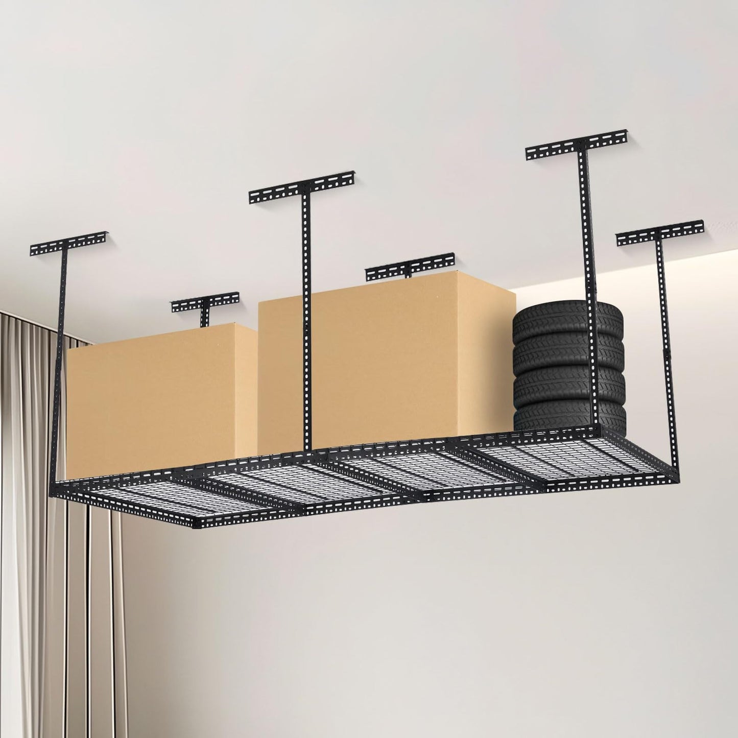 4x8 FT Overhead Garage Storage Rack, Adjustable Garage Storage Organization Systerm, 660LBS Weight Capacity Heavy Duty Metal Garage Ceiling Storage Racks, Black, Vertical Post x 6