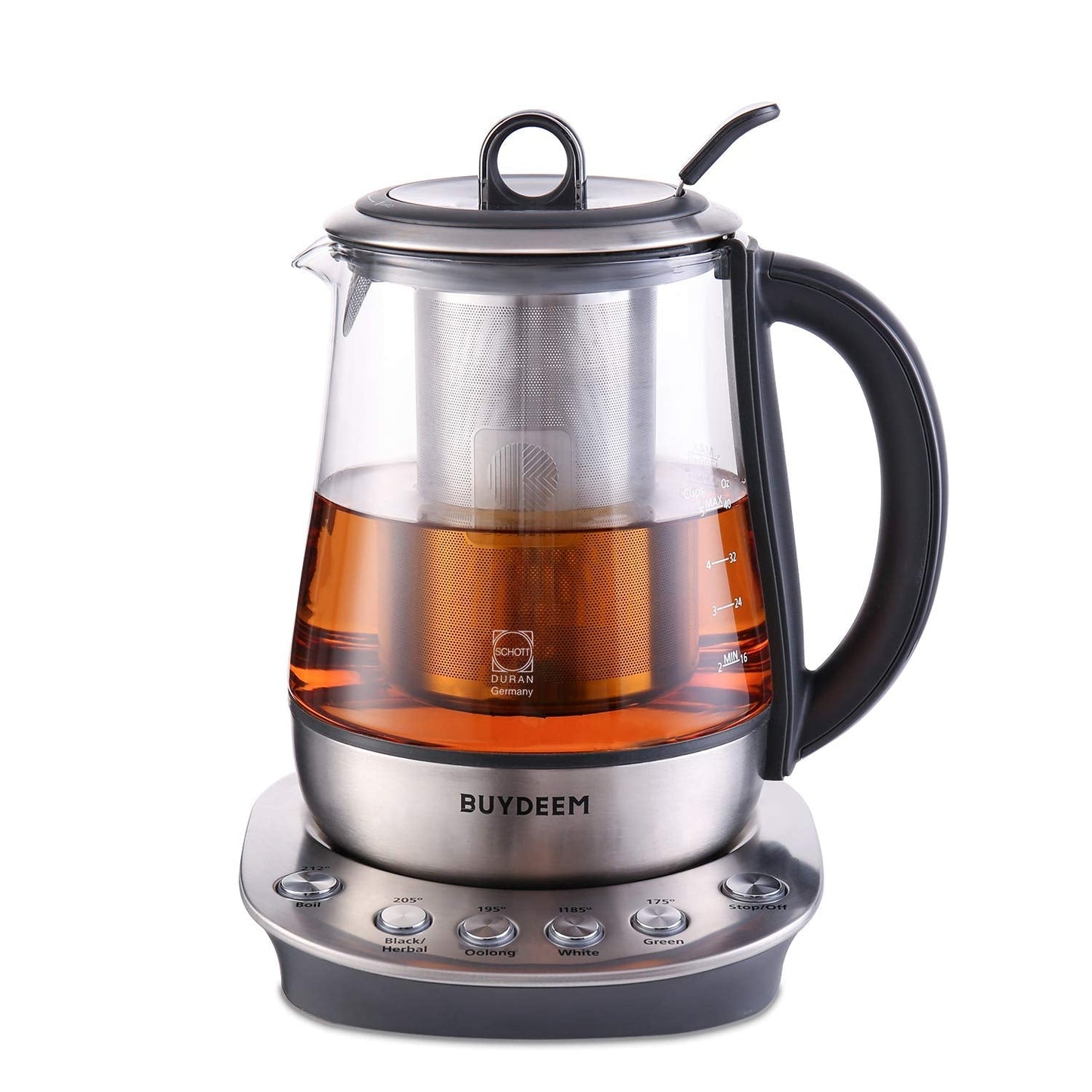 BUYDEEM K2423 Tea Maker, 316 Stainless Steel & Heat Resistant DURAN Glass Electric Kettle, Removable Infuser, Auto Keep Warm, 1.2L